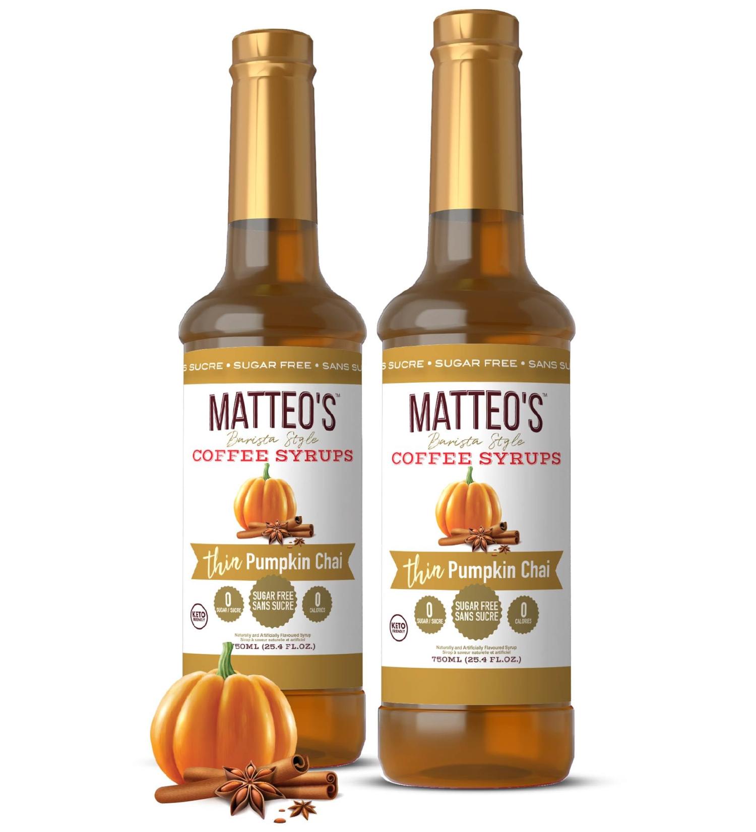 Matteo's Barista Style Sugar-Free Coffee Syrup Pumpkin Chai Flavor Zero Calories and Sugar Keto Friendly Ideal for Lattes Cappuccinos Espresso Americano Indulgent Taste (750mL 2 - Pack) 750 ml (Pack of 2) - Buy Online on GoSupps.com