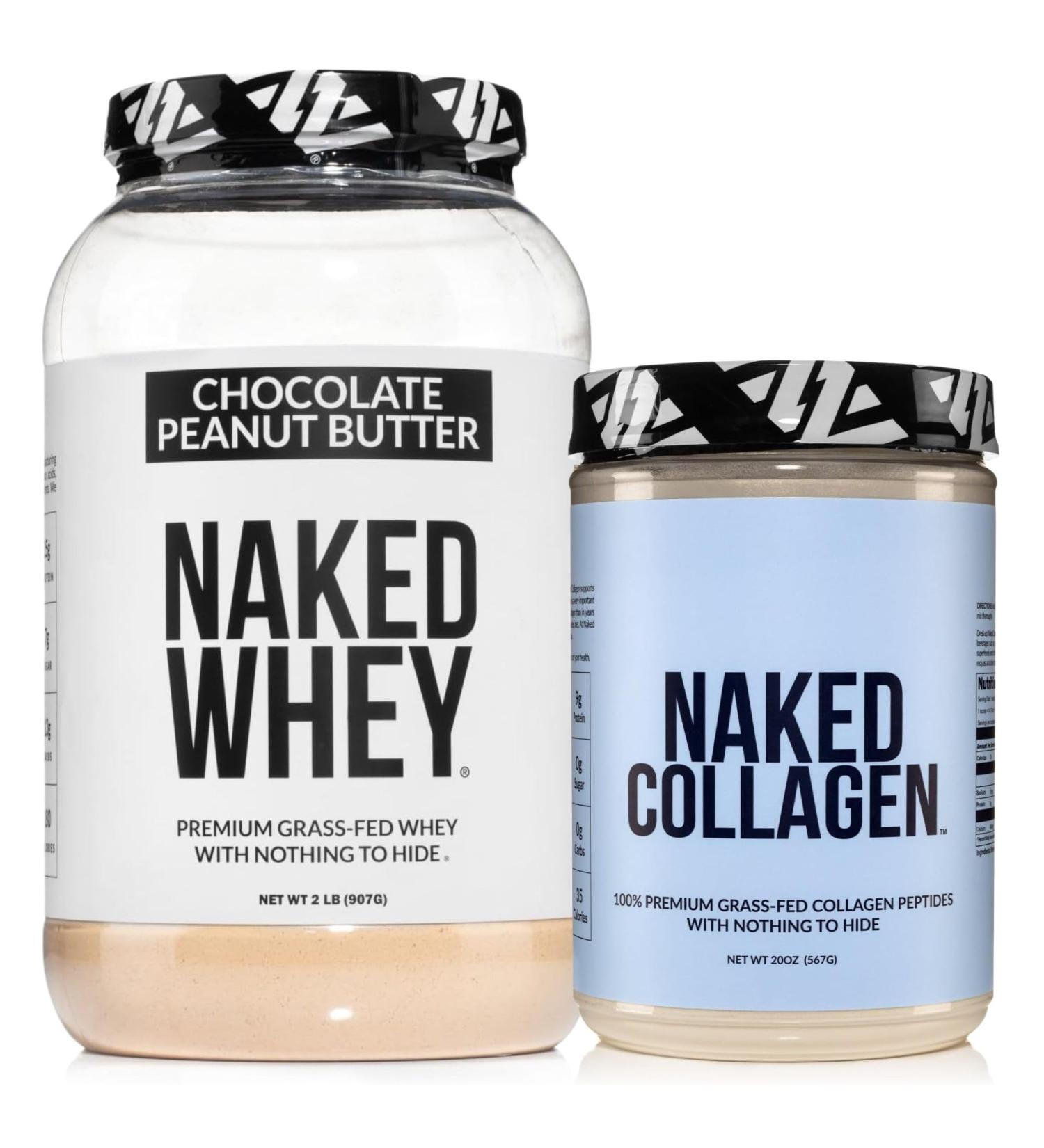 NAKED Whey Chocolate Peanut Butter Protein Powder (21 Servings) + Collagen Peptides Protein Powder 20oz (60 Servings) Grass-Fed Non-GMO Gluten Free Soy Free - Buy Online on GoSupps.com
