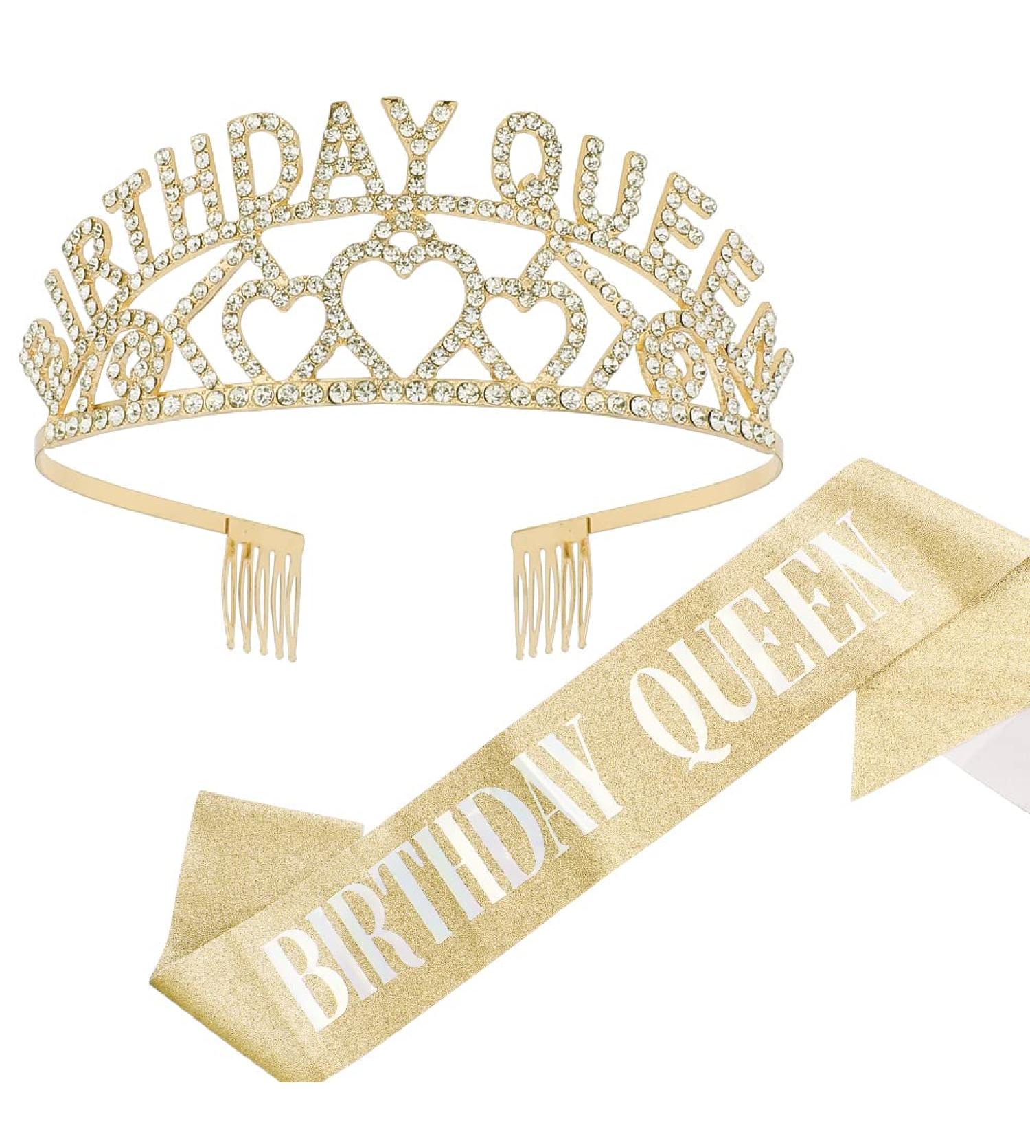 Gold Birthday Tiara Set for Women - Queen Sash, Headband, Rhinestone Crystal Crown | Happy Birthday Accessories - Buy Online on GoSupps.com