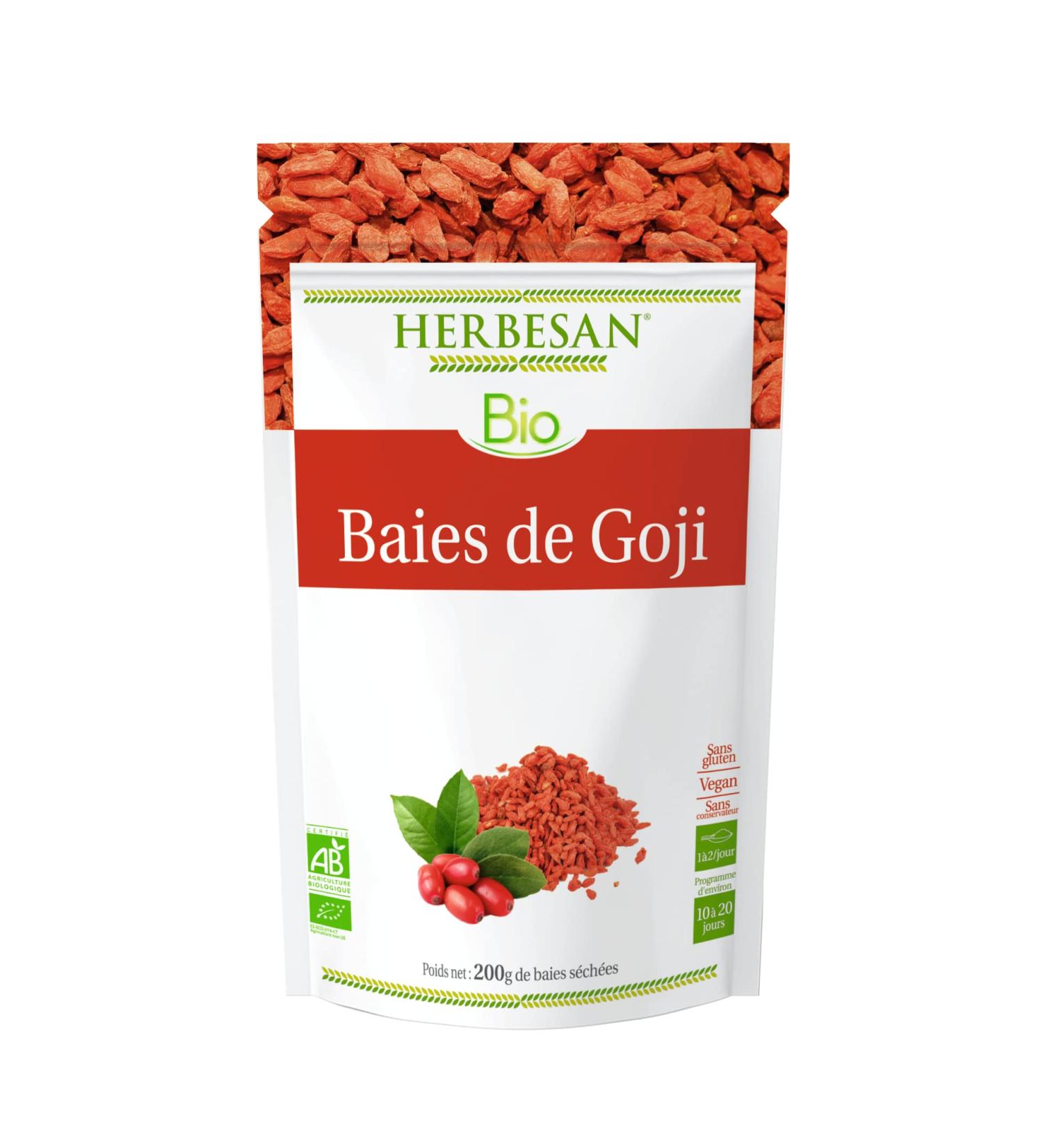 HERBESAN - ORGANIC GOJI BERRIES - the fruit of happiness and smiles - Vegan - Made in France - Resealable paper bag - Berries 200g - Buy Online on GoSupps.com