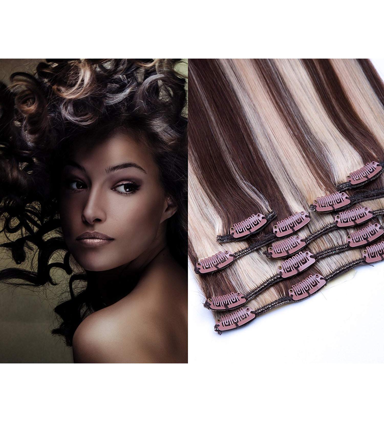 Clip In Hair Extensions Set - 100% Real Hair 7 Parts 70g 55cm #4/613 Chocolate Brown to Bright Blonde - International Shipping - Buy Online on GoSupps.com
