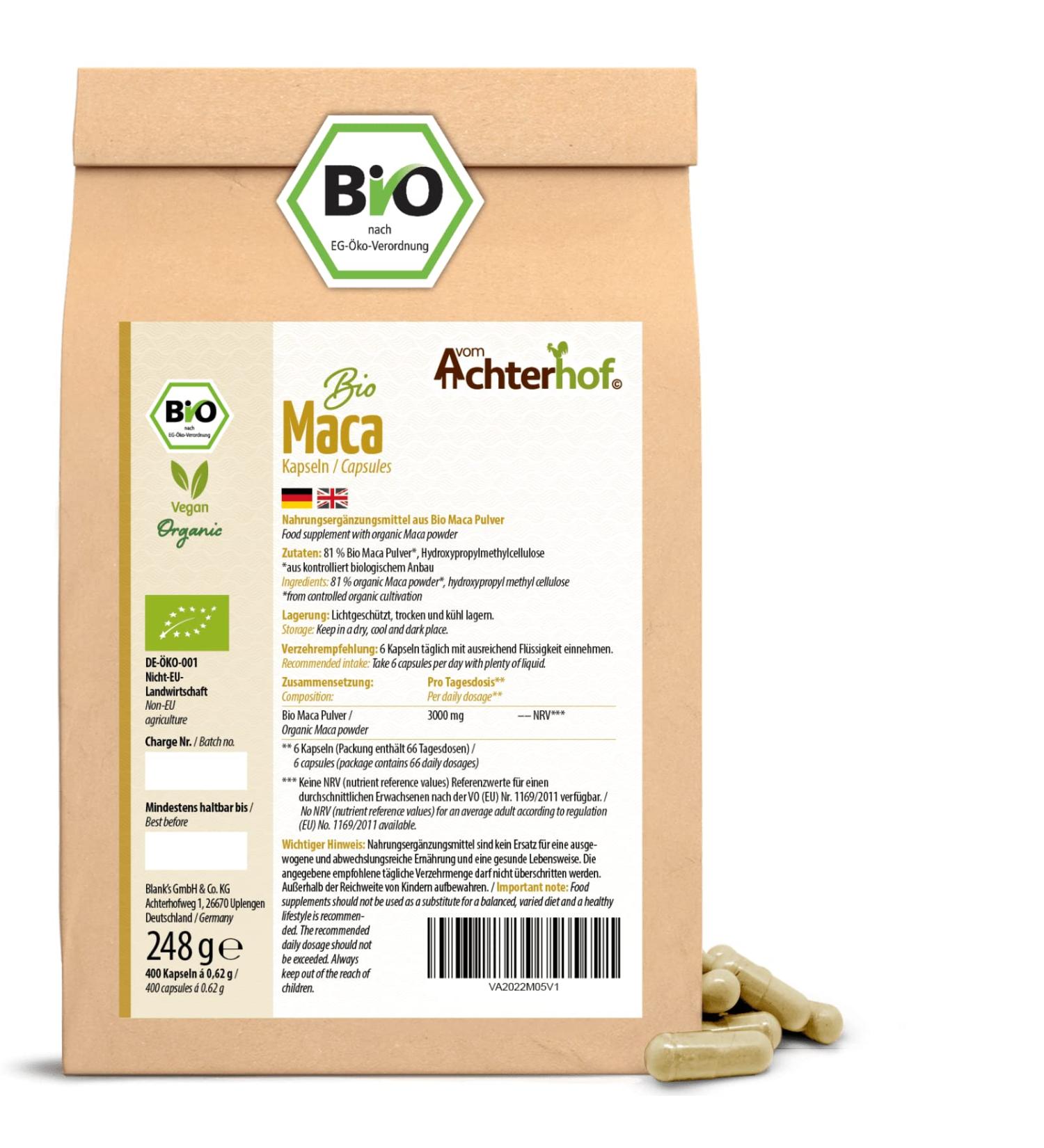 Organic Maca Capsules 400 Pieces | Refill | Highly Dosed with 3000mg Maca Powder per Daily Dose | Vegan | 100% Pure Maca Root from Peru | by Achterhof - Buy Online on GoSupps.com