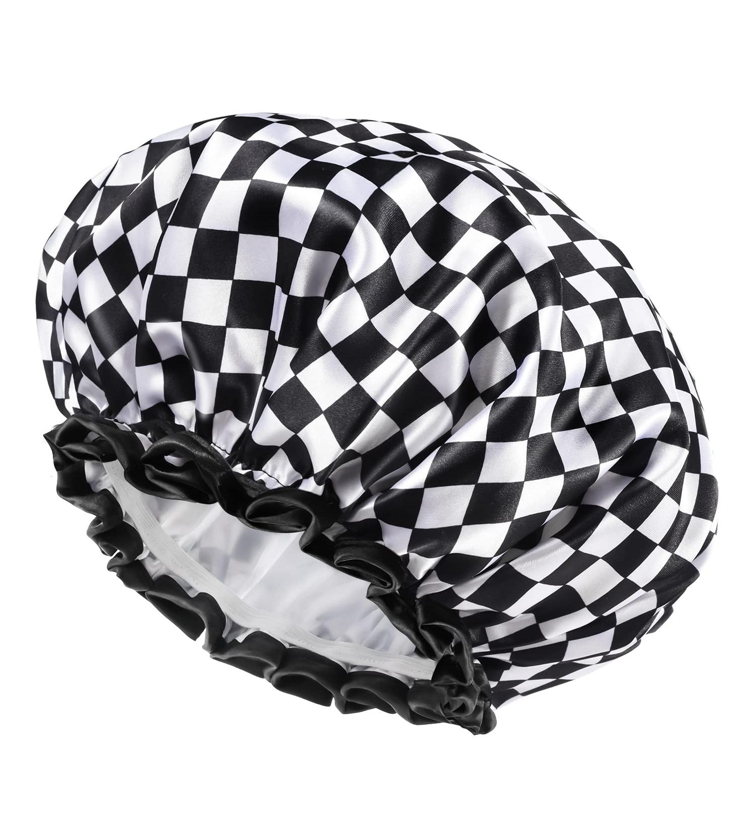 mikimini Reusable Waterproof Double Layer Shower Cap for Women - XL Checkerboard - Non-Fading & Stretchy - Ideal for Long Hair - 1 Pack - Buy Online on GoSupps.com