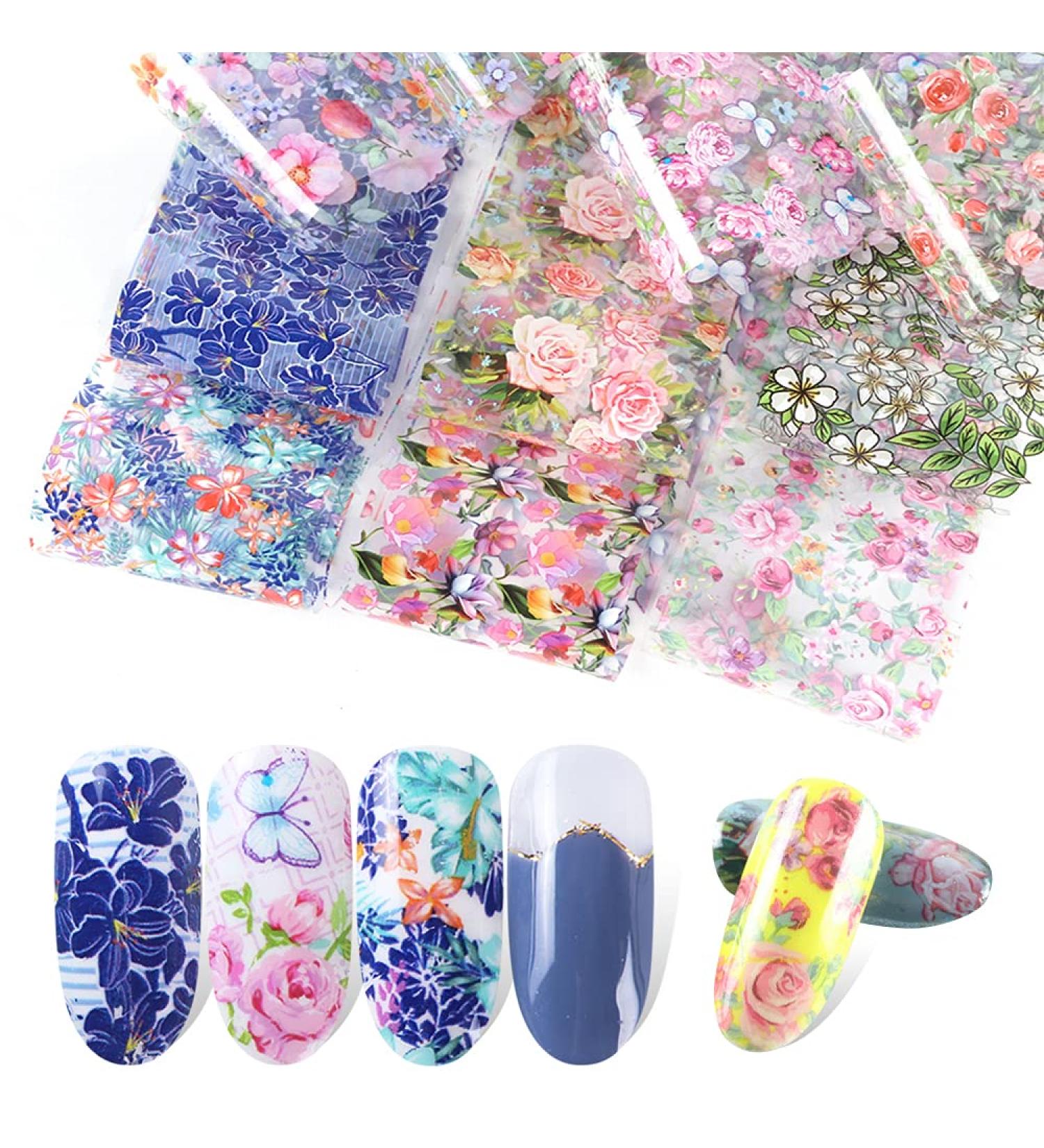 10pcs Art Film Nail Foil Decal Stickers Set for Nails Flowers Floral Nail Design Decor Wraps Transfer Foil Manicure - Buy Online on GoSupps.com