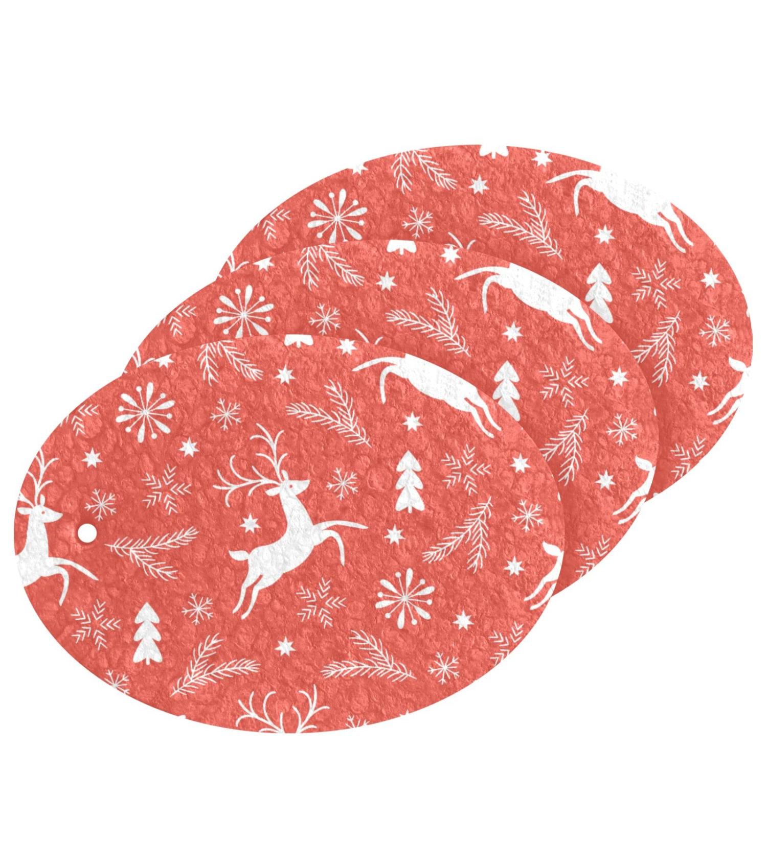 3-Pack Cleaning Kitchen Sponges Oval Xmas Reindeer Snowflake Kitchen Cellulose Dishwashing Wood Pulp Cotton - Buy Online on GoSupps.com