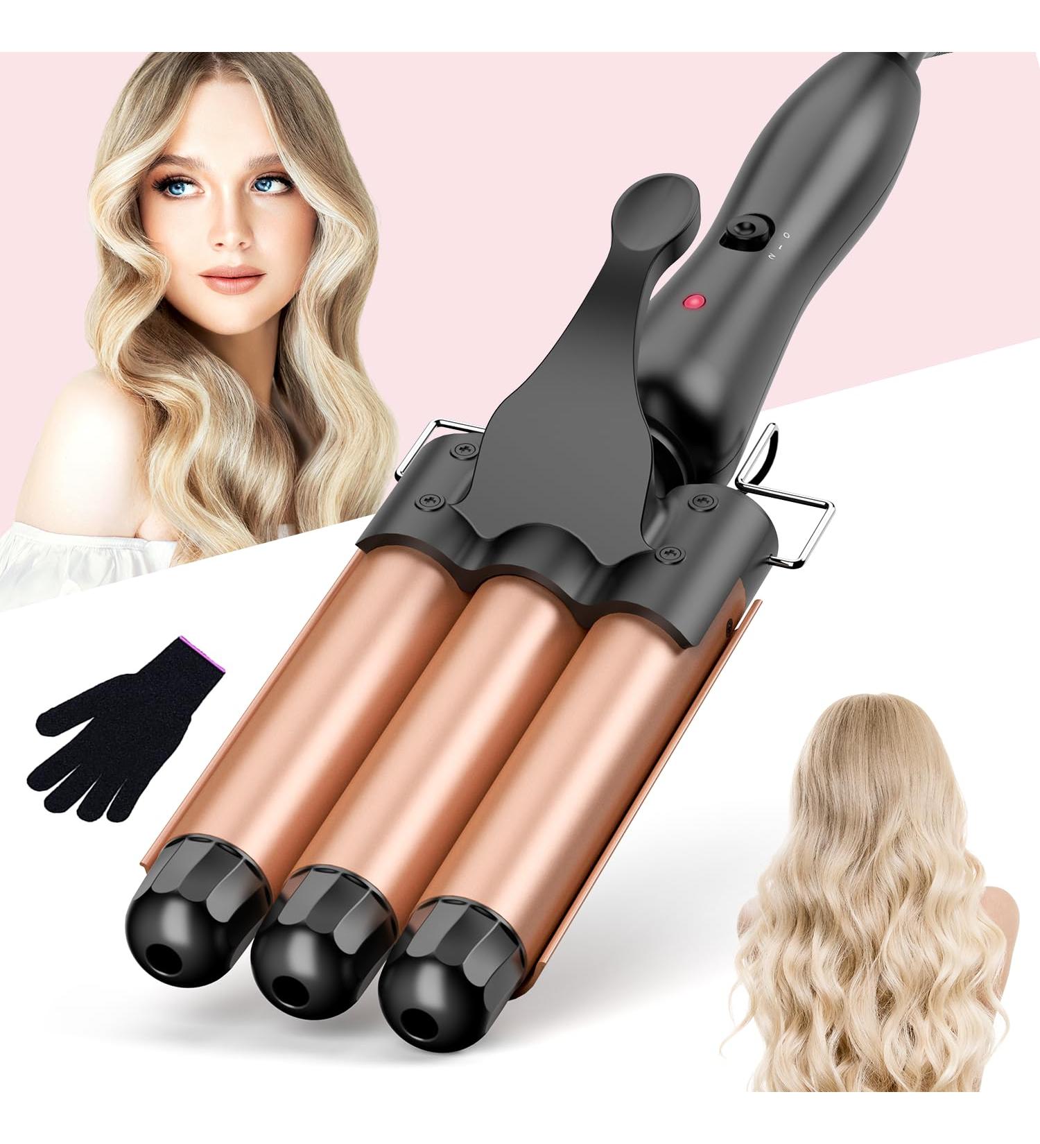 3 Barrel Hair Waver for Large Waves - 25mm Curling Iron with Ceramic Barrels, Temperature Control, Quick Heating, Heat-Resistant Glove - Rose Gold - Buy Online on GoSupps.com
