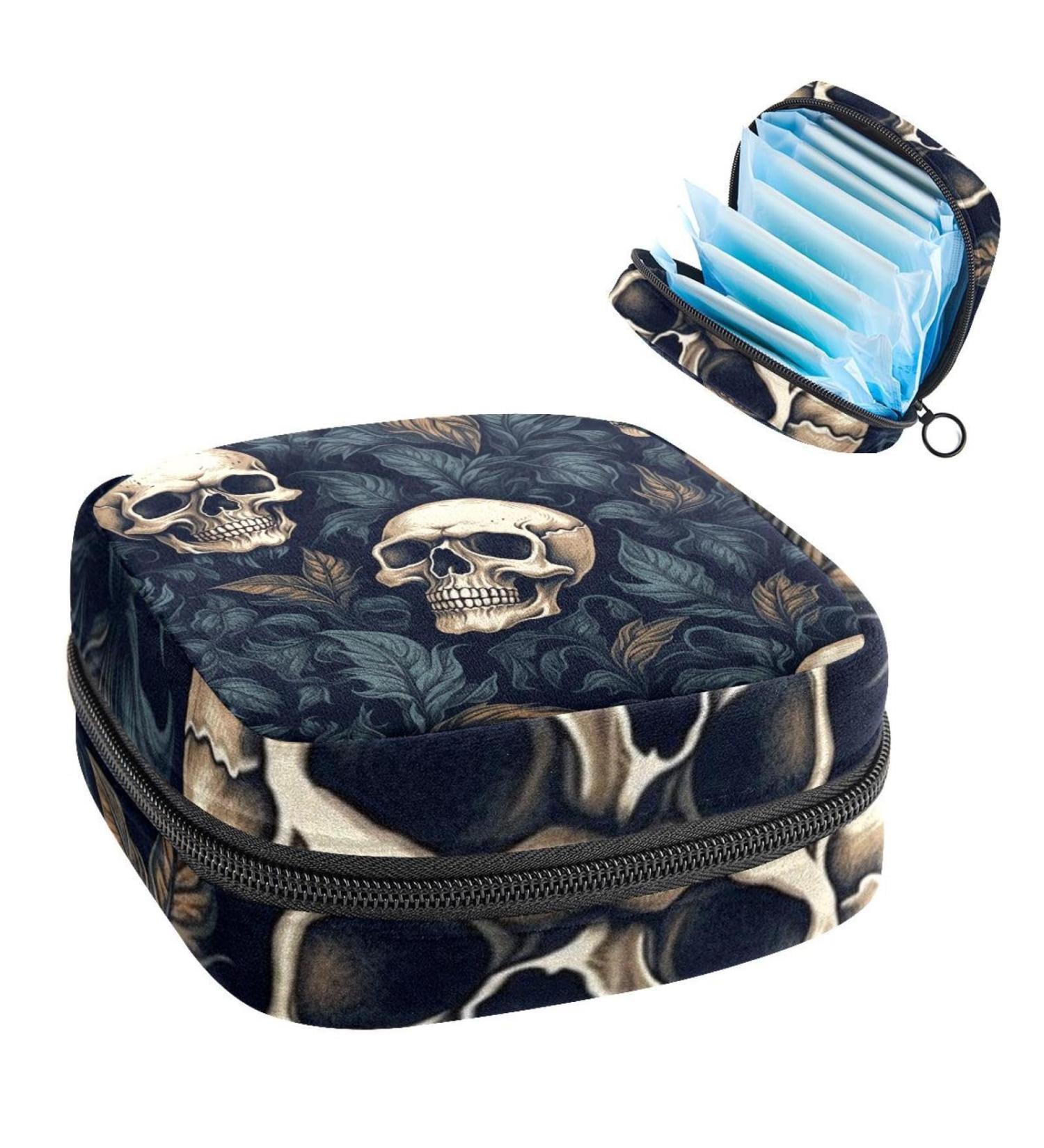 Skulls and Leaves Sanitary Napkin Storage Bag - Portable Period Pouch for Women and Teen Girls - Multi-colored - Buy Online on GoSupps.com