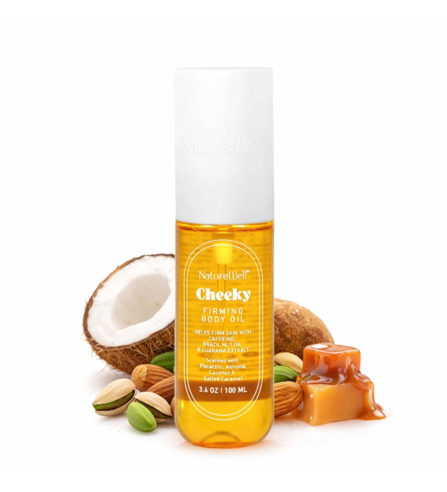NATURE WELL Cheeky Firming Body Oil Luxuriously Glowy & Fast-Absorbing Formula Designed to Nourish Firm & Visibly Smooth Skin Scented with Pistachio Almond Coconut & Salted Caramel 3.4 Oz Pistachio Almond Coconut  - Buy Online on GoSupps.com