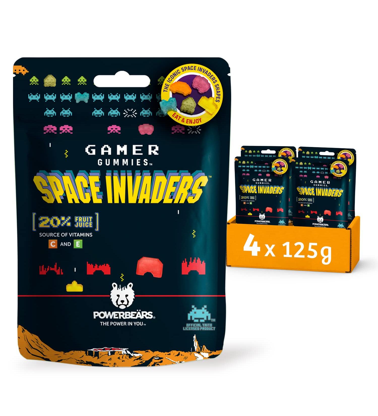 Powerbears Space Invaders Gummy Bears - 20% Fruit Juice Vitamins 6 Fruity Flavors (4x125g Pack) | International Shipping Available - Buy Online on GoSupps.com
