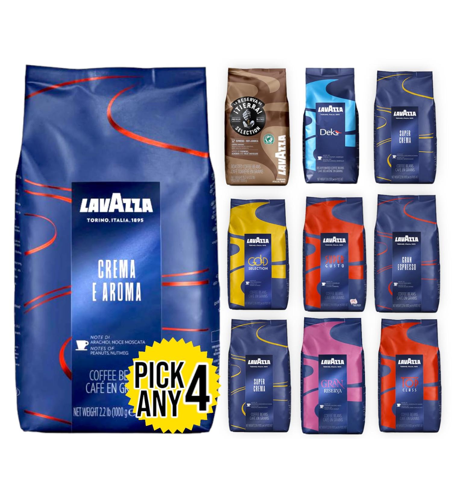 Lavazza Coffee Beans Pick Any 4 from 9+ Flavours Inc. Gran Espresso Crema E Aroma Super Crema Top Class Decaf Super Gusto Gran Riserva and More. (Each Pack 1000g) - Buy Online on GoSupps.com