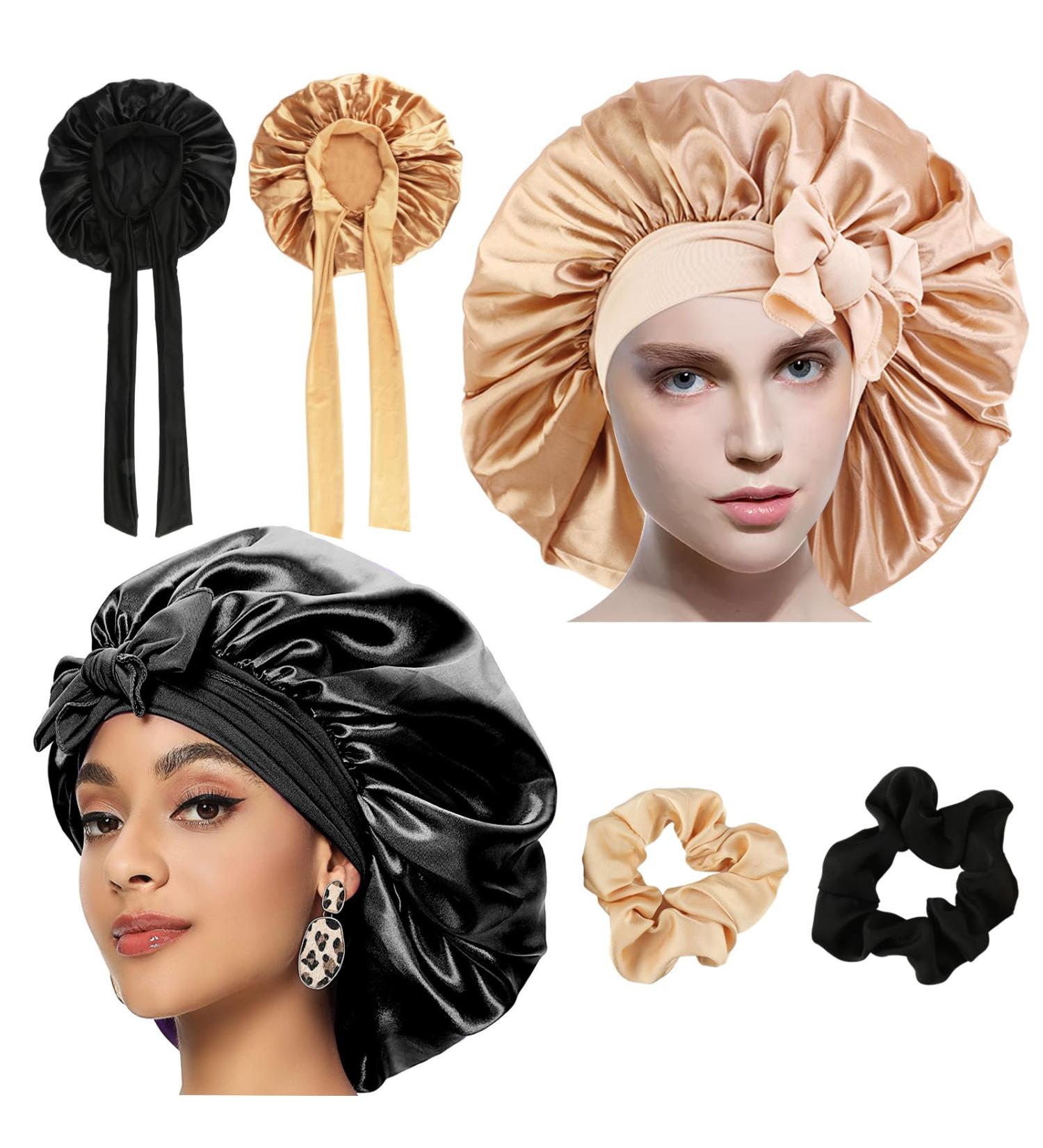 Silk Sleep Hood Set - 2 Adjustable Bonnets & Hair Ties for Women | Black & Gold Satin Night Caps - Buy Online on GoSupps.com