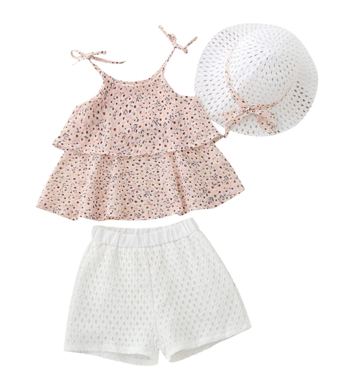 Korean Floral Chiffon Shirt Camisole with Hat Girls' Summer Suit (Pink, 5-6 Years) - Buy Online on GoSupps.com
