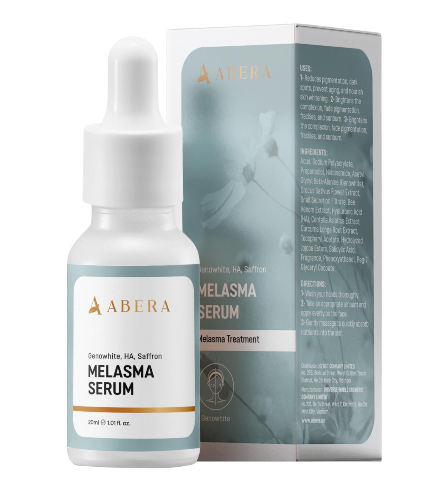 Abera Melasma Serum Melanin Correcting Facial Serum Dark Spot Corrector for Age Spot Sun Spot Freckles Melasma Treatment for Face with HA & Niacinamide All Skin Types 0.68 Fl. Oz A. Melasma Serum - Buy Online on GoSupps.com
