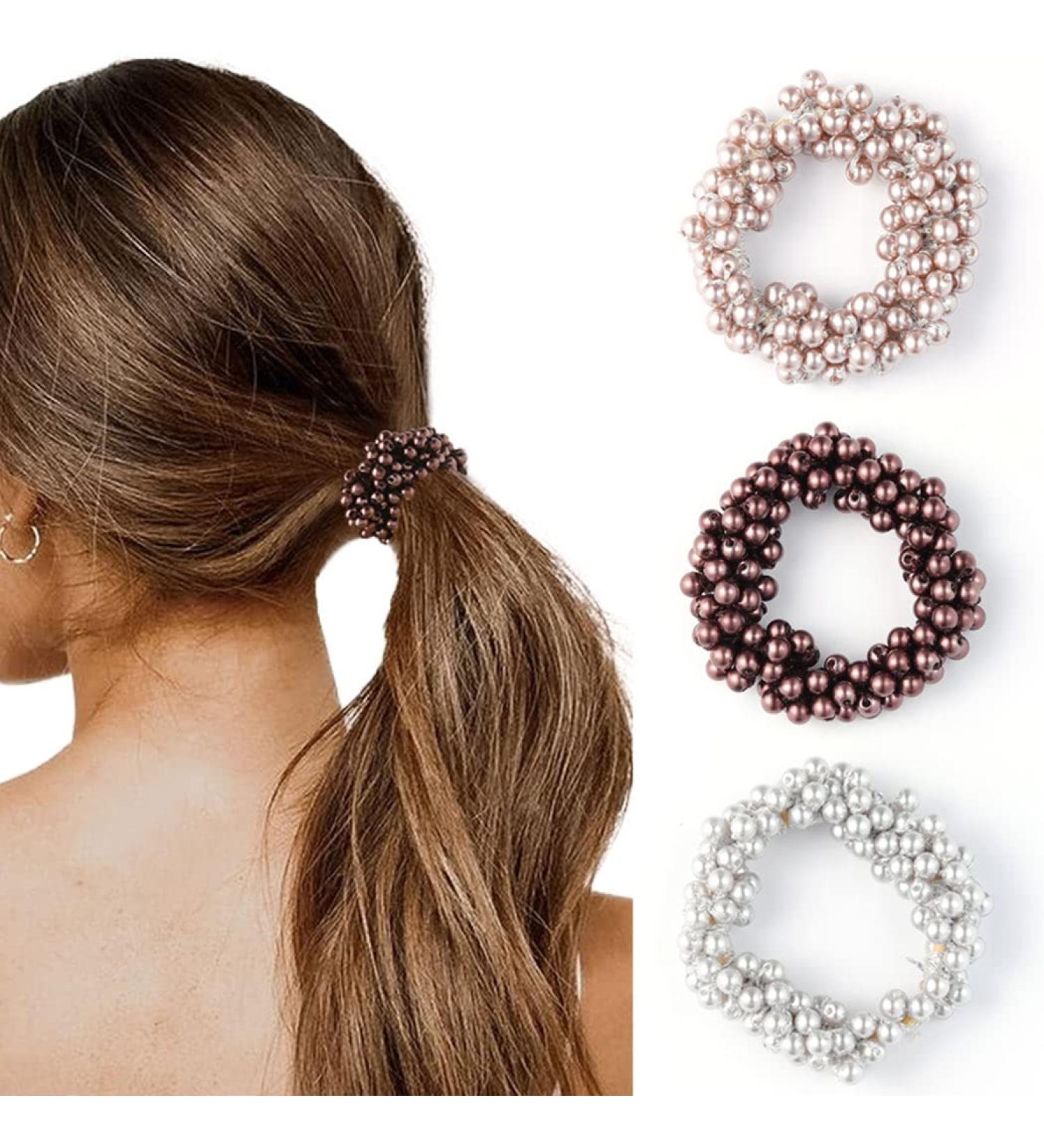 Brinie Gray Pearl Hair Ties - Pack of 3 Elastic Scrunchies for Women & Girls | Bead Hair Ropes Accessories - Buy Online on GoSupps.com