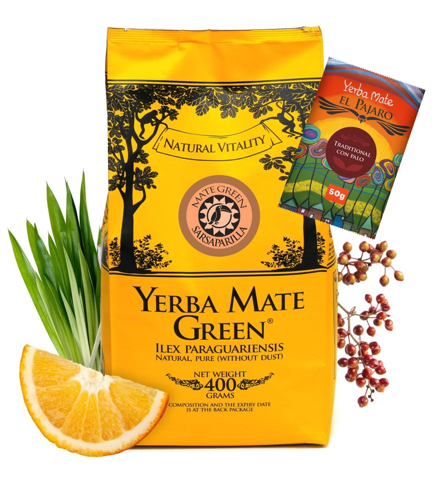 Yerba Mate Green Sarsaparilla Brazilian Tea 400g + 50g El Pajaro | Sweet Refreshing Mate Tea with Sarsaparilla & Lemongrass | High Quality Stimulating Blend - Buy Online on GoSupps.com
