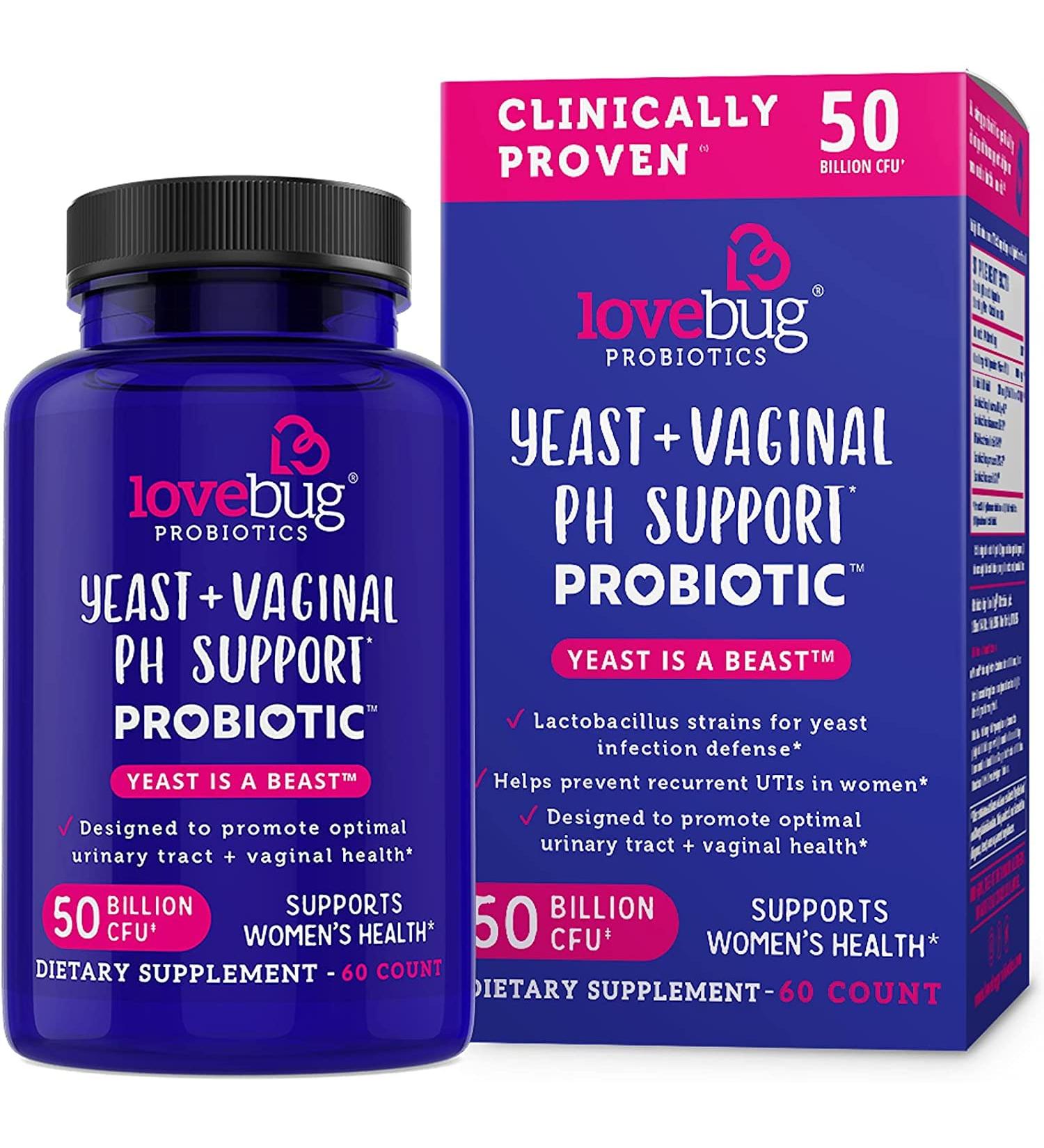 Lovebug Yeast + Vaginal pH Support | 50 Billion CFU Probiotics for Yeast & UTI Relief | 60 Capsules - Clinically Studied Ingredients - Buy Online on GoSupps.com