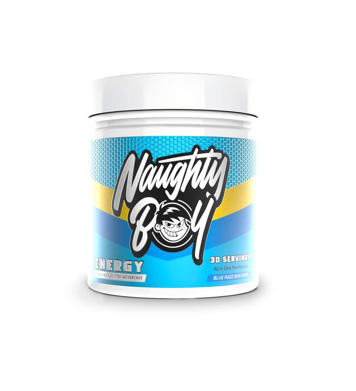 Naughty Boy High Energy Pre Workout Powder with Beta Alanine Citrulline & Caffeine Supplements for Men & Women Clinically Dosed Energy Drink- 390g/30 Servings (Blue Razz Bon Bons) - Buy Online on GoSupps.com