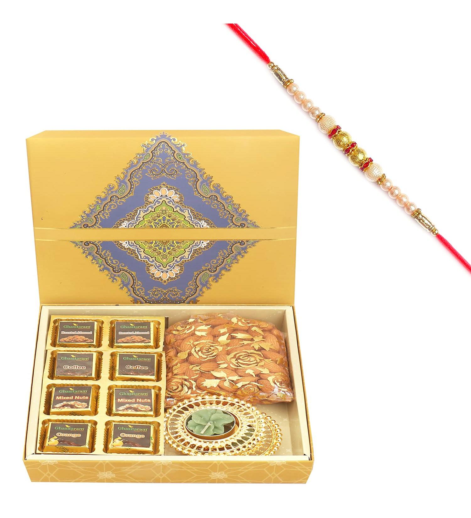 Ghasitaram Gifts Rakhi Gifts for Brothers Rakhi Chocolate 8 pcs Assorted Chocolates 2 t-Lites and Almond Pouch SQ Box with Pearl Rakhi 8 pcs Assorted Chocolate 2t-Lites Almond Box Rakhi - Buy Online on GoSupps.com