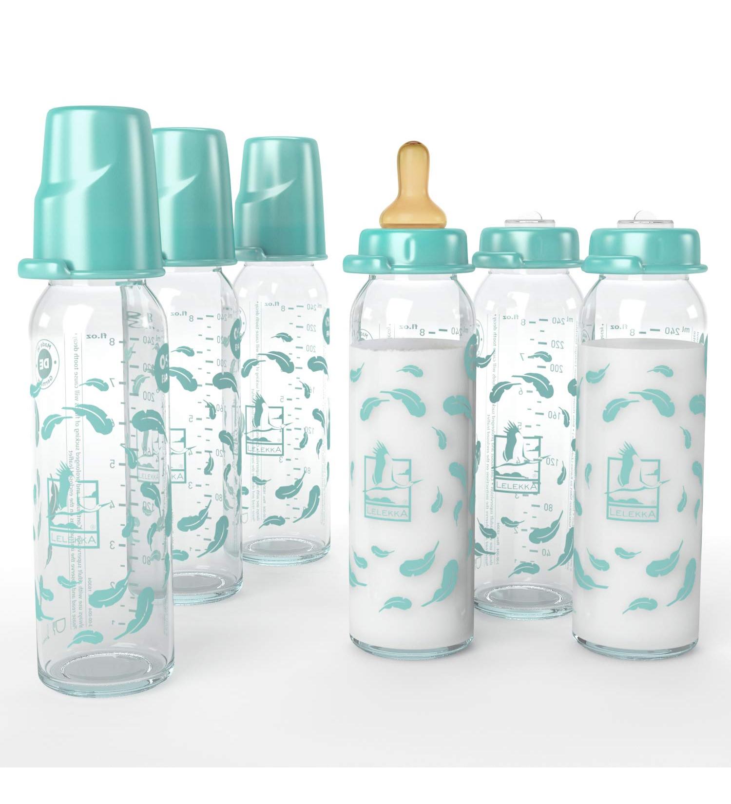 Buy Pack of 6 Lelekka Standard Glass Bottles with Round Latex Teat - Size M 240 ml Natural Latex for Newborns | International Shipping Available - Buy Online on GoSupps.com
