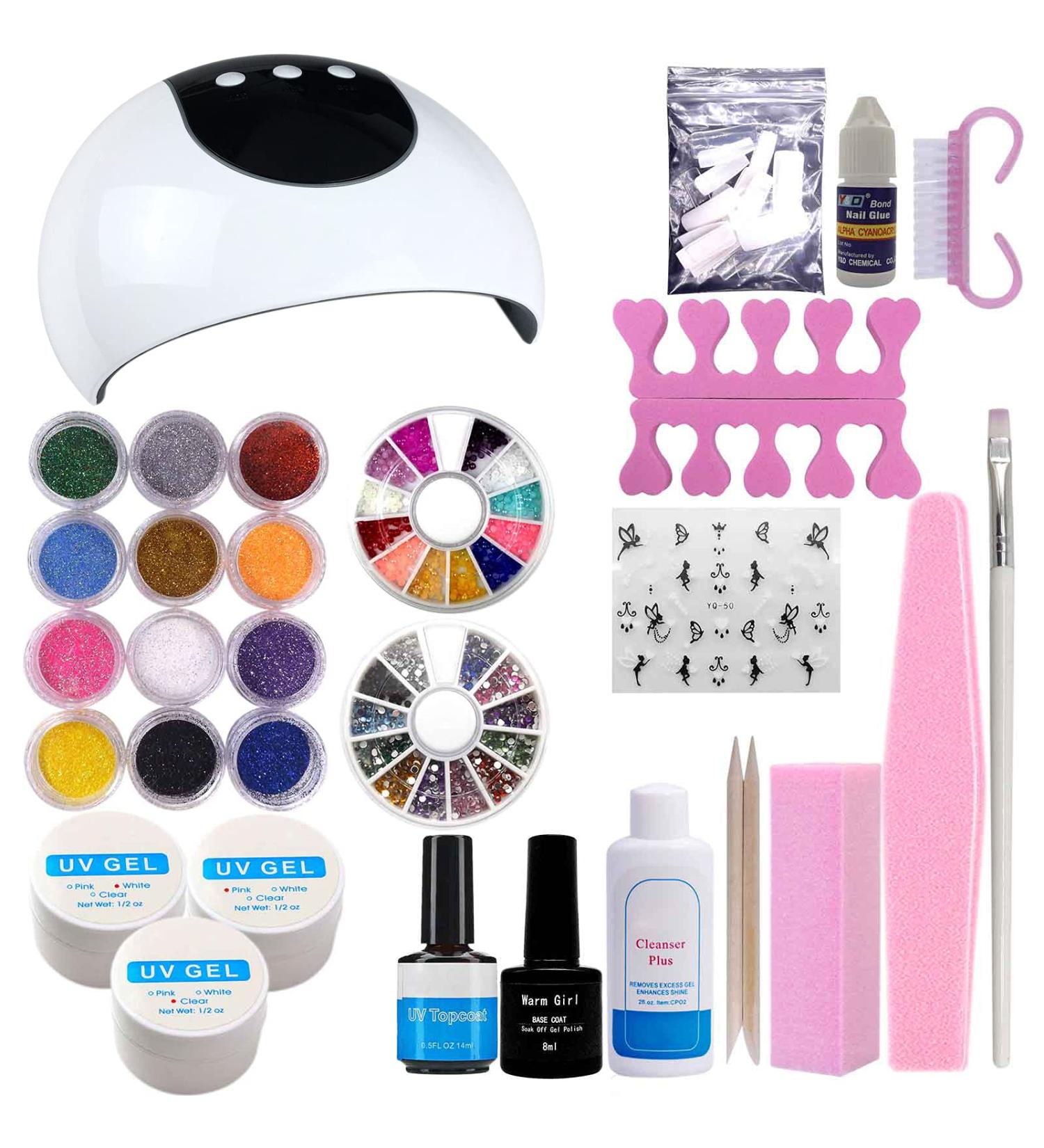 Warm Girl Nail Extension Gel Nail Kit Nail Strengthen 36W UV/LED Nail Lamp Nail Art Manicure Set with 12 Colors Nail Glitter Powders Nail Tips for Nails (Clear White Pink) 259 - Buy Online on GoSupps.com