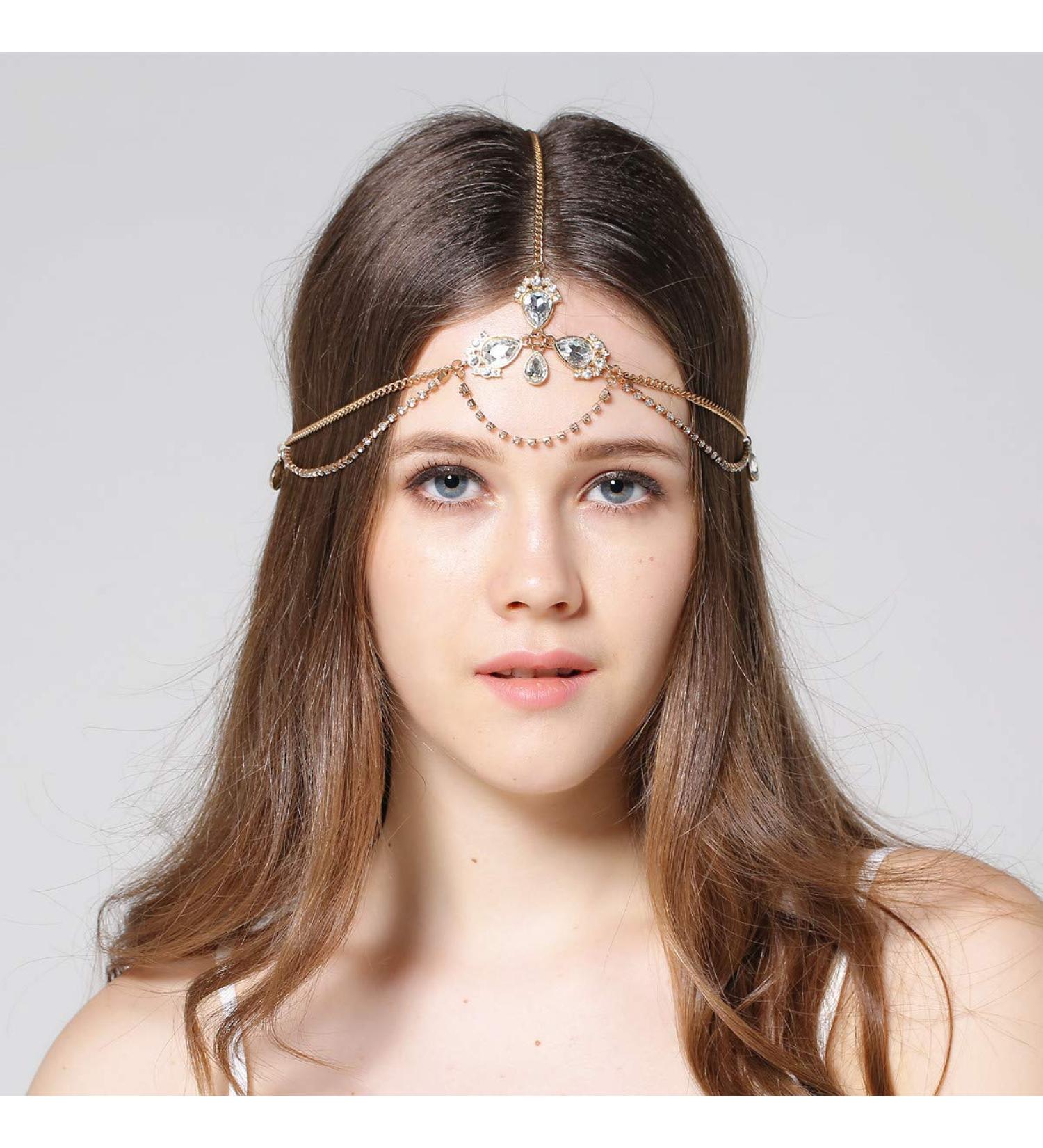 Deniferymakeup Boho Gold Head Chain Bridal Headpiece Bohemian Wedding Hair Accessories Rhinestone Raindrop Head Chain Crystal Wedding Hair Accessories Vintage Rhinestone Forehead Headband (Gold) - Buy Online on GoSupps.com