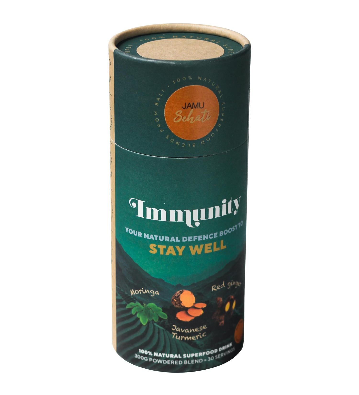JAMUSEHATI Immunity Natural Superfoods Blend from Bali Containing Javanese Turmeric Red Ginger Moringa and Matcha Cylinder (300g) Immunity Cylinder - Buy Online on GoSupps.com