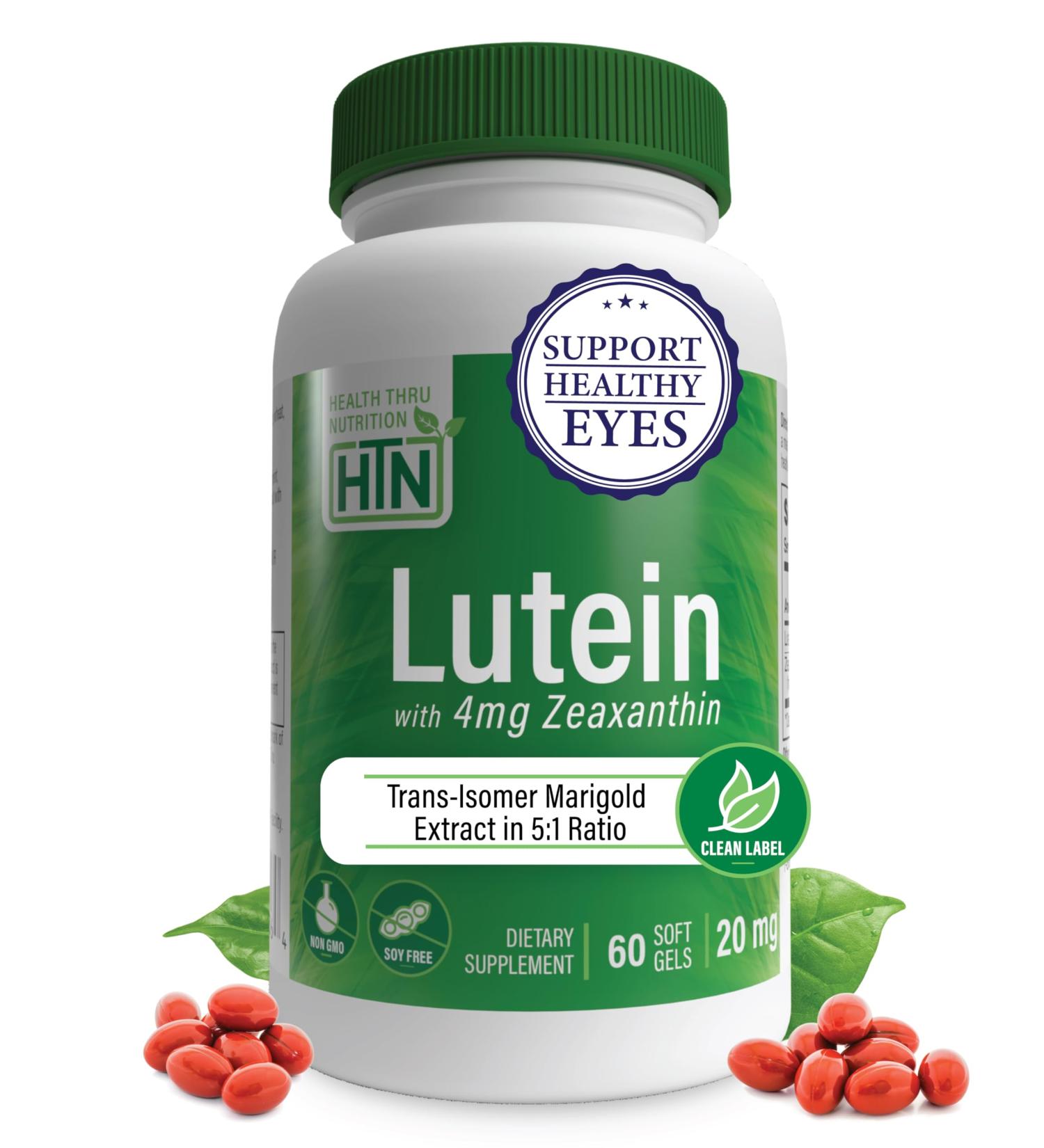 Lutein 20mg with Zeaxanthin 4mg 60 Softgels | Trans-Isomer Marigold Extract in Nature Identical 5:1 Ratio | Supports Healthy Eye Skin and Brain | Non-GMO Soy & Gluten Free | by Health Thru Nutrition 60 Softgels (Pack of 1) - Buy Online on GoSupps.com