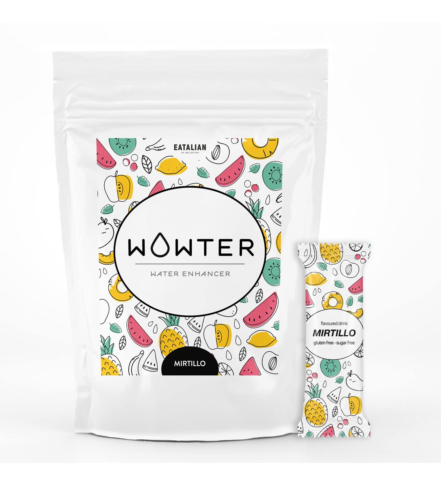 Wowter by AMZ Better powder for flavored water 12 bags of soluble powder with blueberry taste beverage powder without sugar without calories GMO-free gluten-free made in Italy 48 g Blaubebere 48 g (1 Pack)