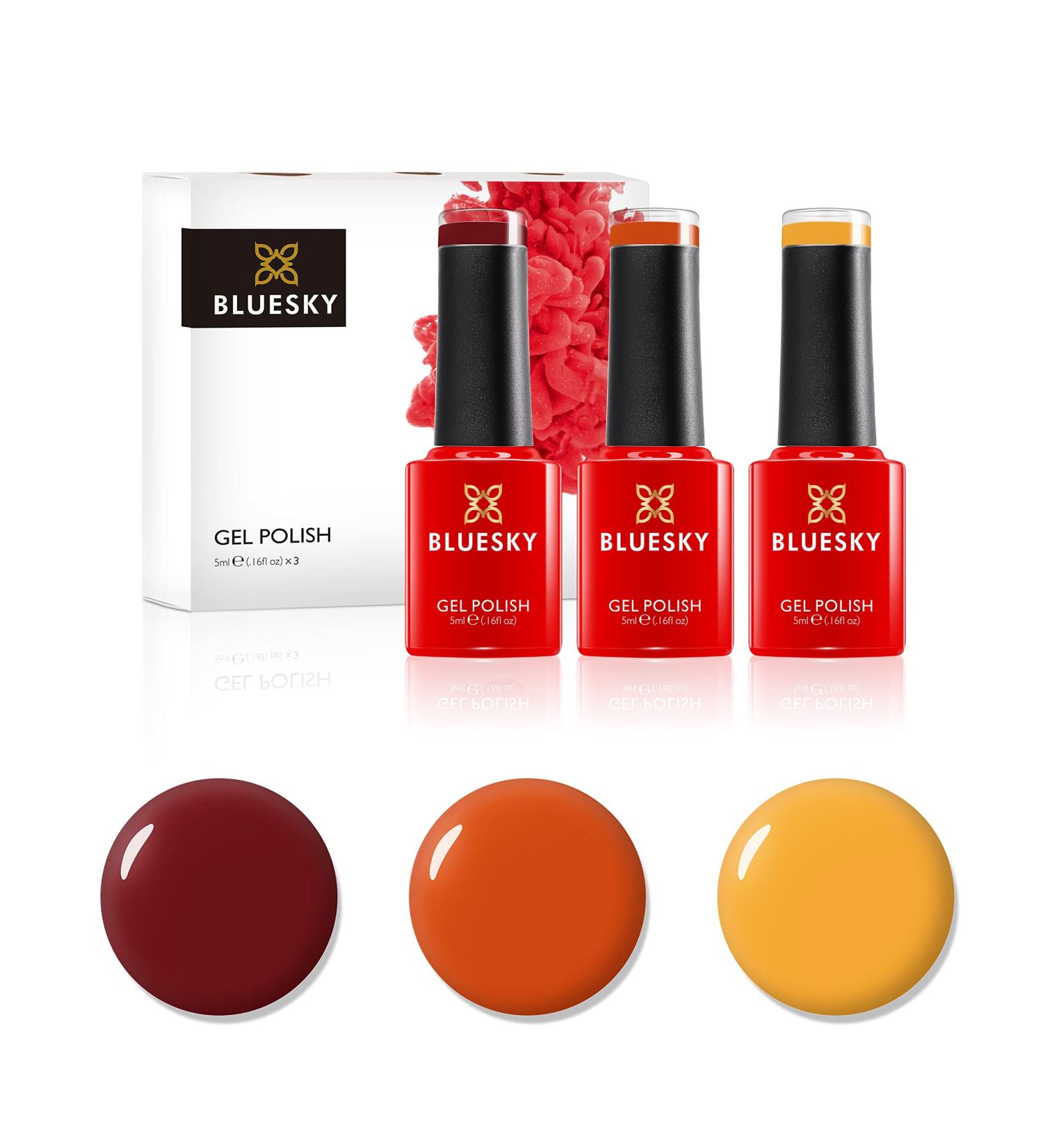 Bluesky Gel Nail Polish Set Burnt Sunset Banana Mania Lt129 Orange Sweetie A012 Paradise Deep Red 80575 3 x 5 ml (Requires Curing Under UV or LED Lamp) Burnt Sunset 15 ml (Pack of 1) - Buy Online on GoSupps.com