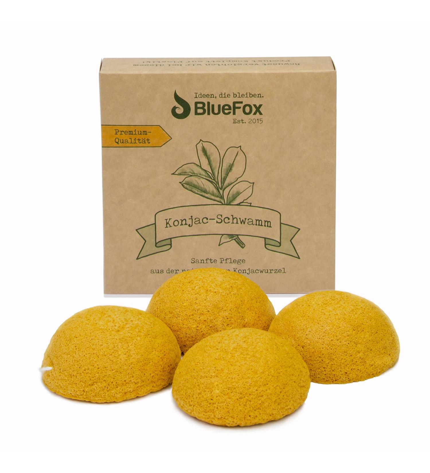Bluefox Konjac Swam 4er Set - Organic Turmeric Facial Cleaning Sponges for Impure & Combination Skin | Yellow Peeling & Pore Cleansing - Buy Online on GoSupps.com