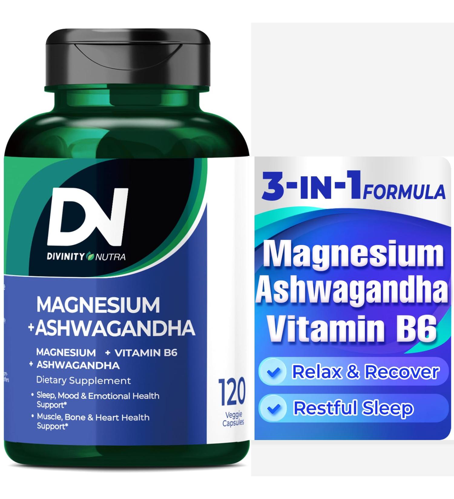 Divinity Nutra Magnesium Ashwagandha Supplement, Calming Magnesium Glycinate & Malate Vitamin B6 for Muscles Bone Health Support Muscle Recovery, Calm & Relaxation 468mg 120 ct (2 Month Supply) - Buy Online on GoSupps.com