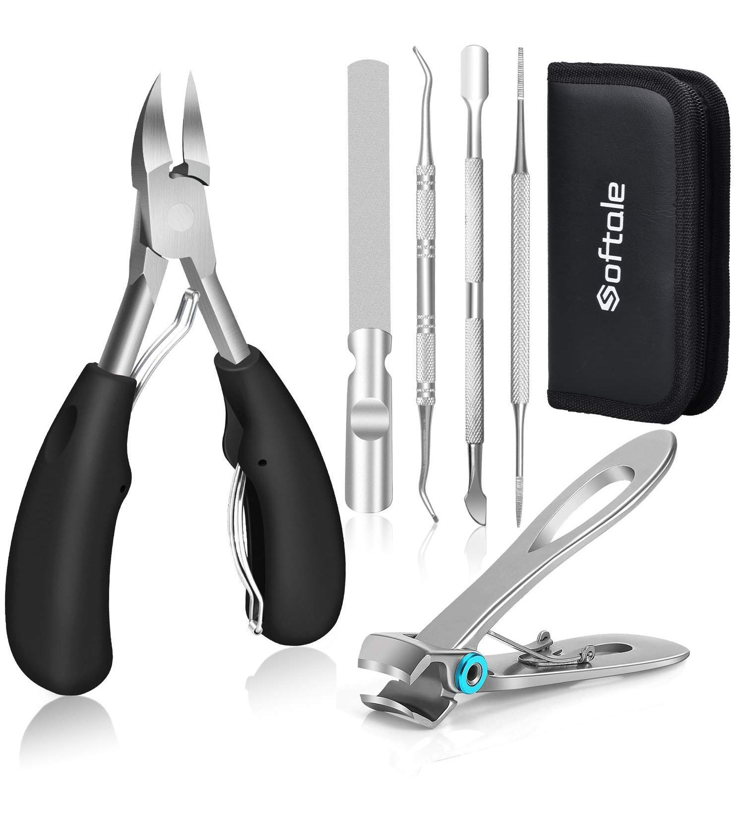 Softale Heavy Duty Stainless Steel Toenail Clippers for Thick and Ingrown Nails - Professional Podiatrist Toenail Nipper Set for Seniors - Includes Nail File - Black+Silver - Buy Online on GoSupps.com