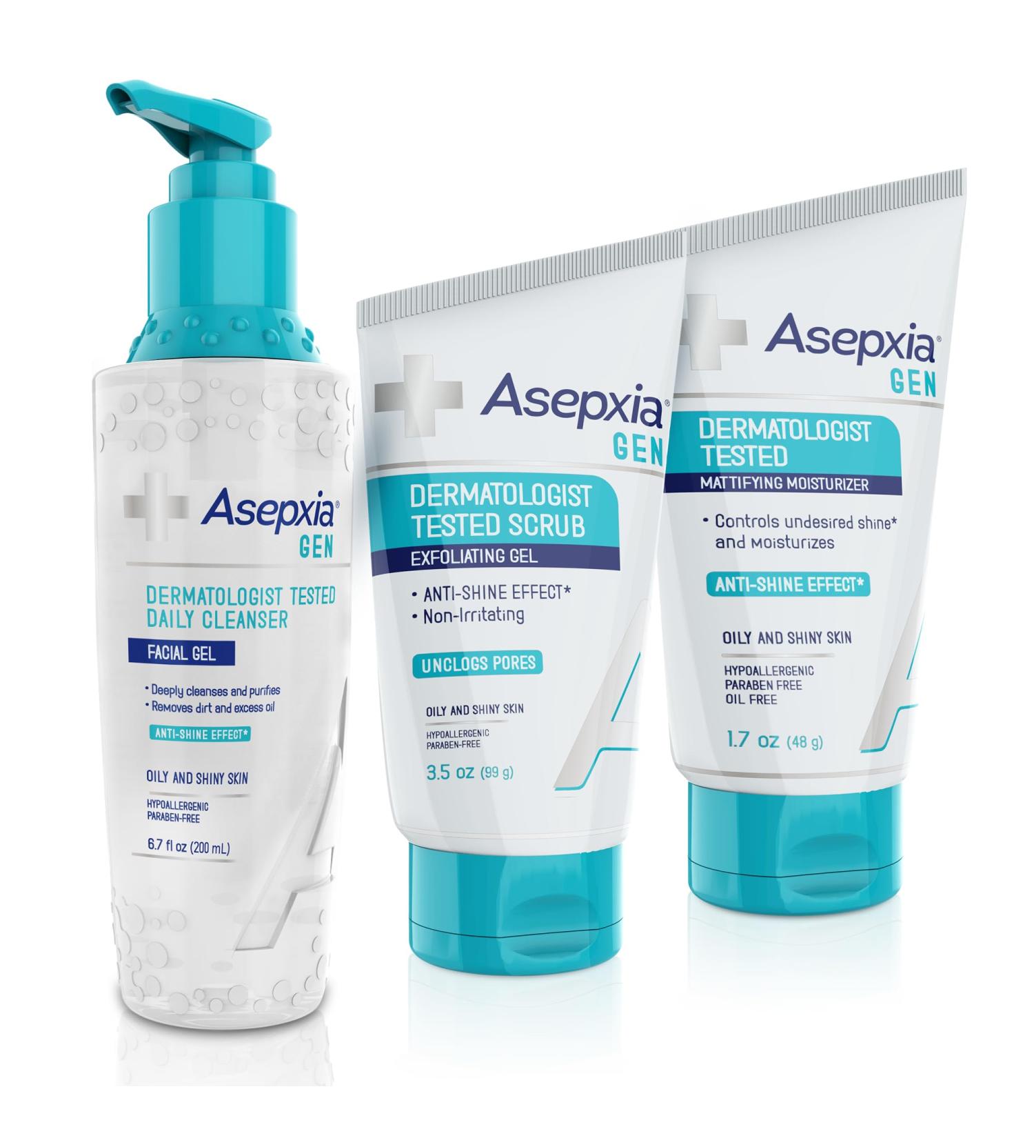 Asepxia GEN Skincare Set for Oily Skin - Exfoliating Scrub Gel Daily Cleanser Moisturizing Mattifying Cream - Anti-Brightness Effect Neutralizes Shine