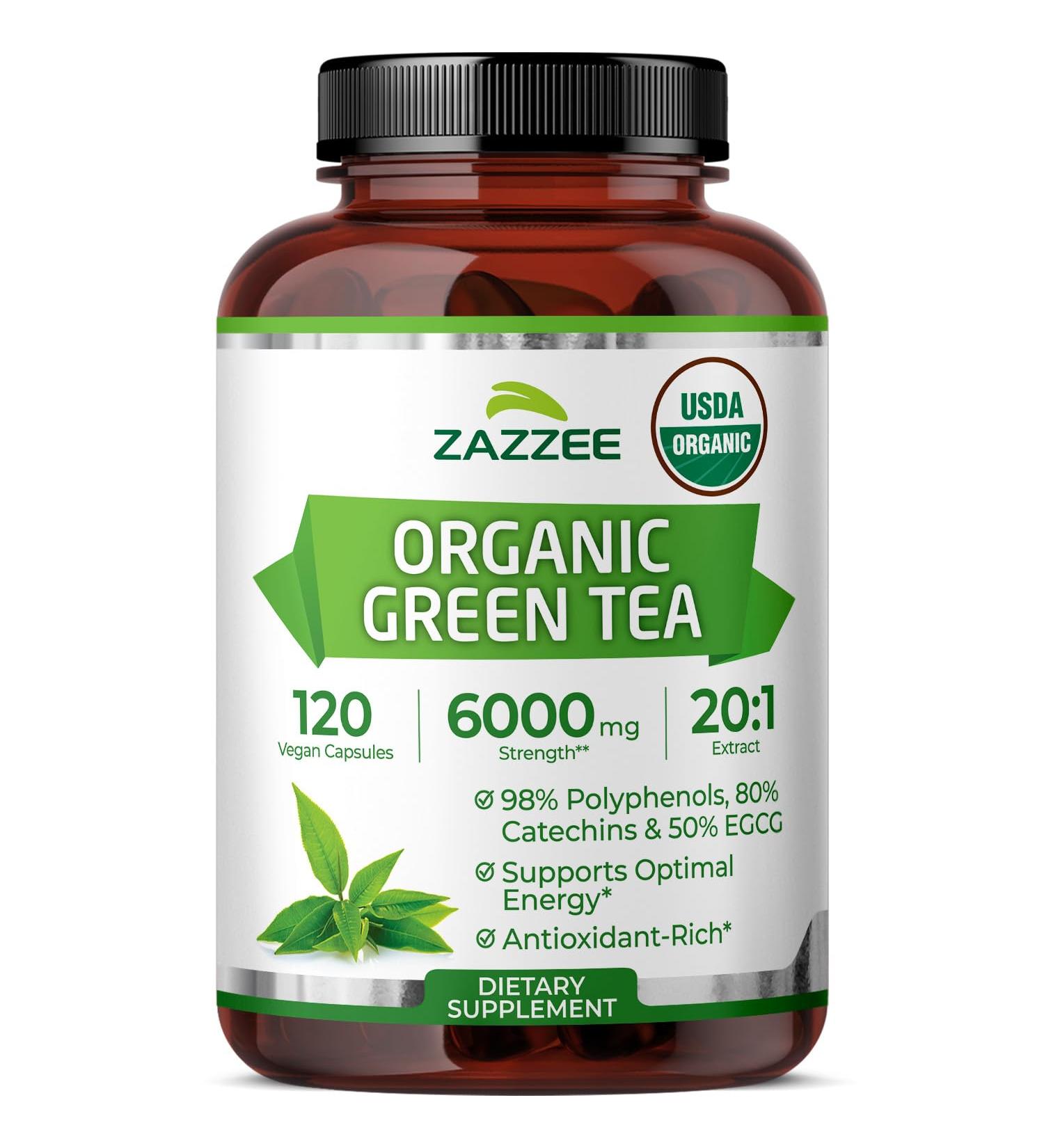 Zazzee USDA Organic Green Tea 20:1 Extract 6000 mg Strength 50% EGCG 98% Polyphenols and 80% Catcehins 120 Vegan Capsules 4 Month Supply Standardized and Concentrated 20X Potency Non-GMO - Buy Online on GoSupps.com