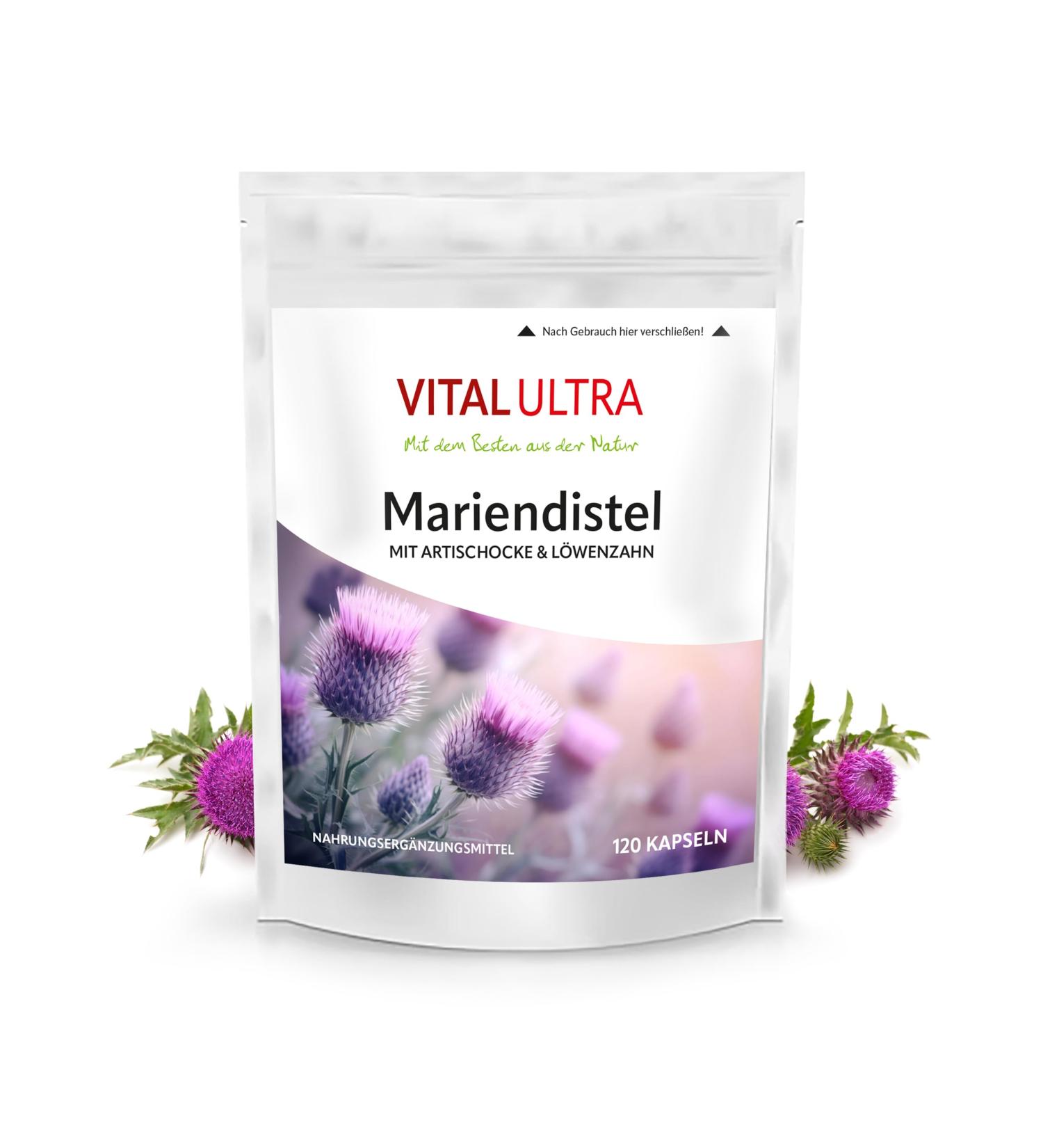 Vital Ultra Milk Thistle - 120 Vegan Capsules with 80% Silymarin Artichoke & Dandelion Extract - Premium German Supplement - Buy Online on GoSupps.com
