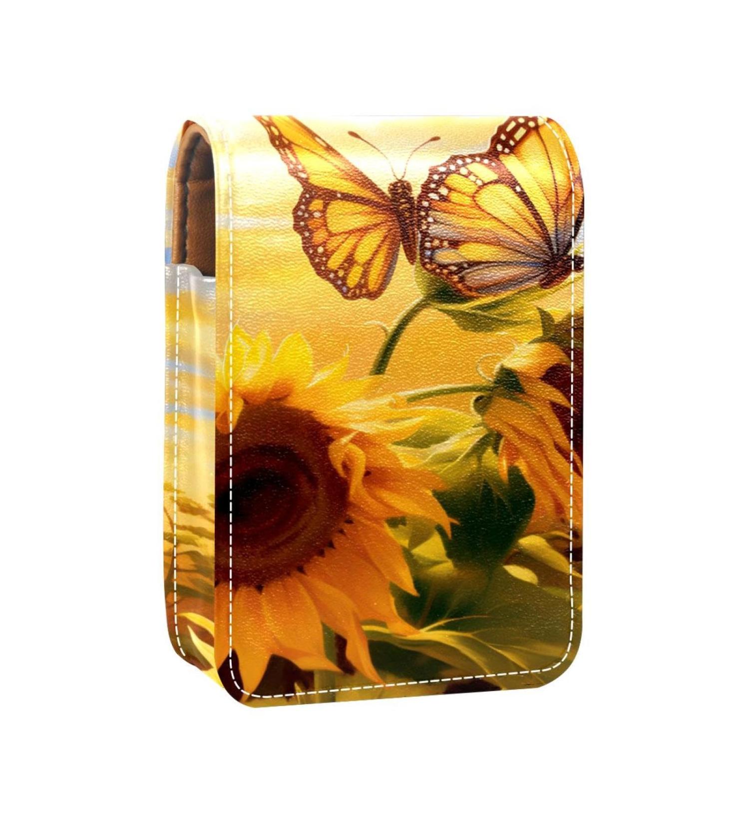 Travel Lipstick Organizer Case | Portable Makeup Bag with Mirror | Art Painting Sunflower Butterfly Design - Buy Online on GoSupps.com