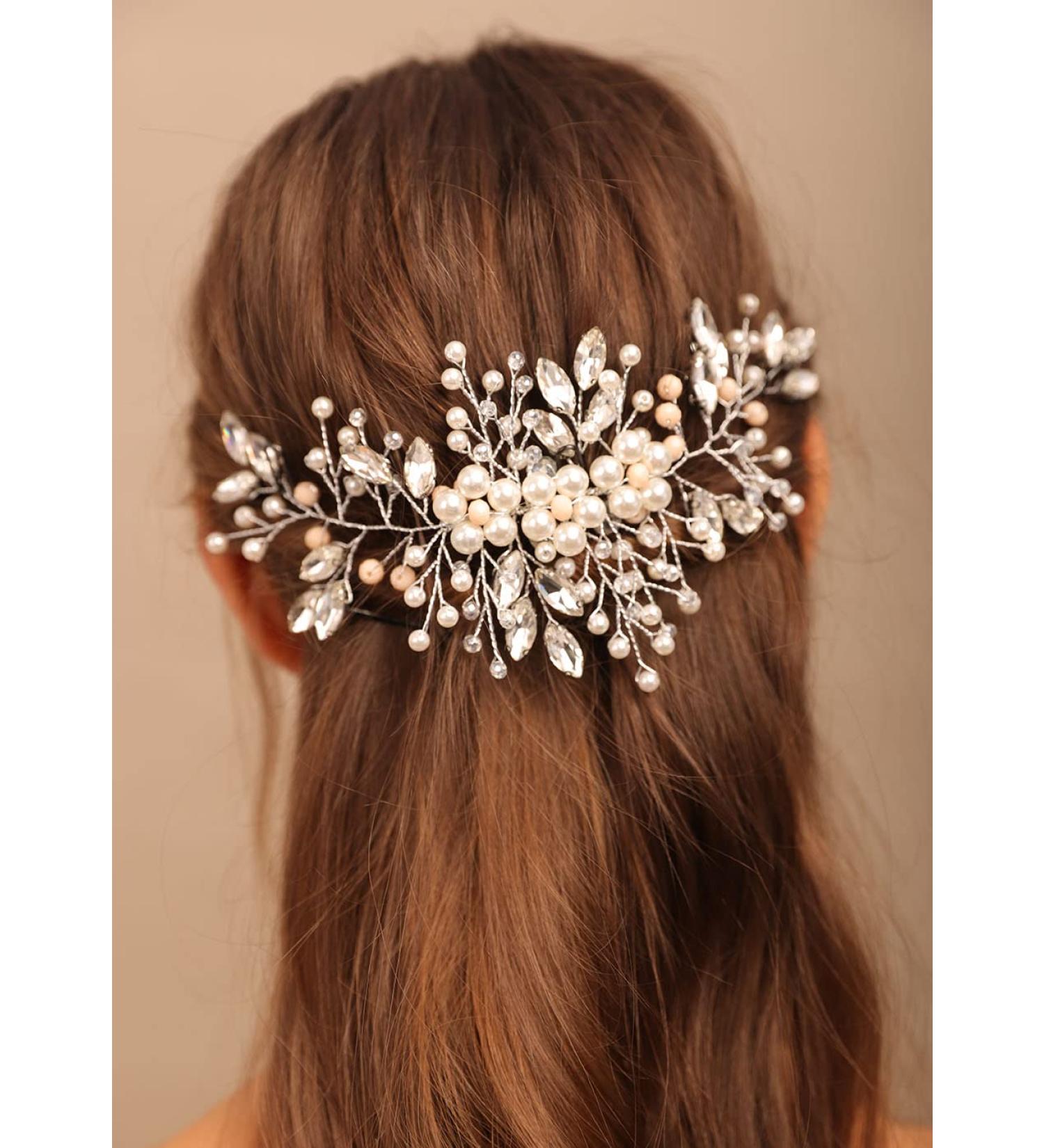 Chargances Bridal Pearl Rhinestone Hair Vine Wedding Silver Crystal Beaded Hair Headband Fashion Handmade Hair Accessories for Women and Girls Brides (Silver) - Buy Online on GoSupps.com