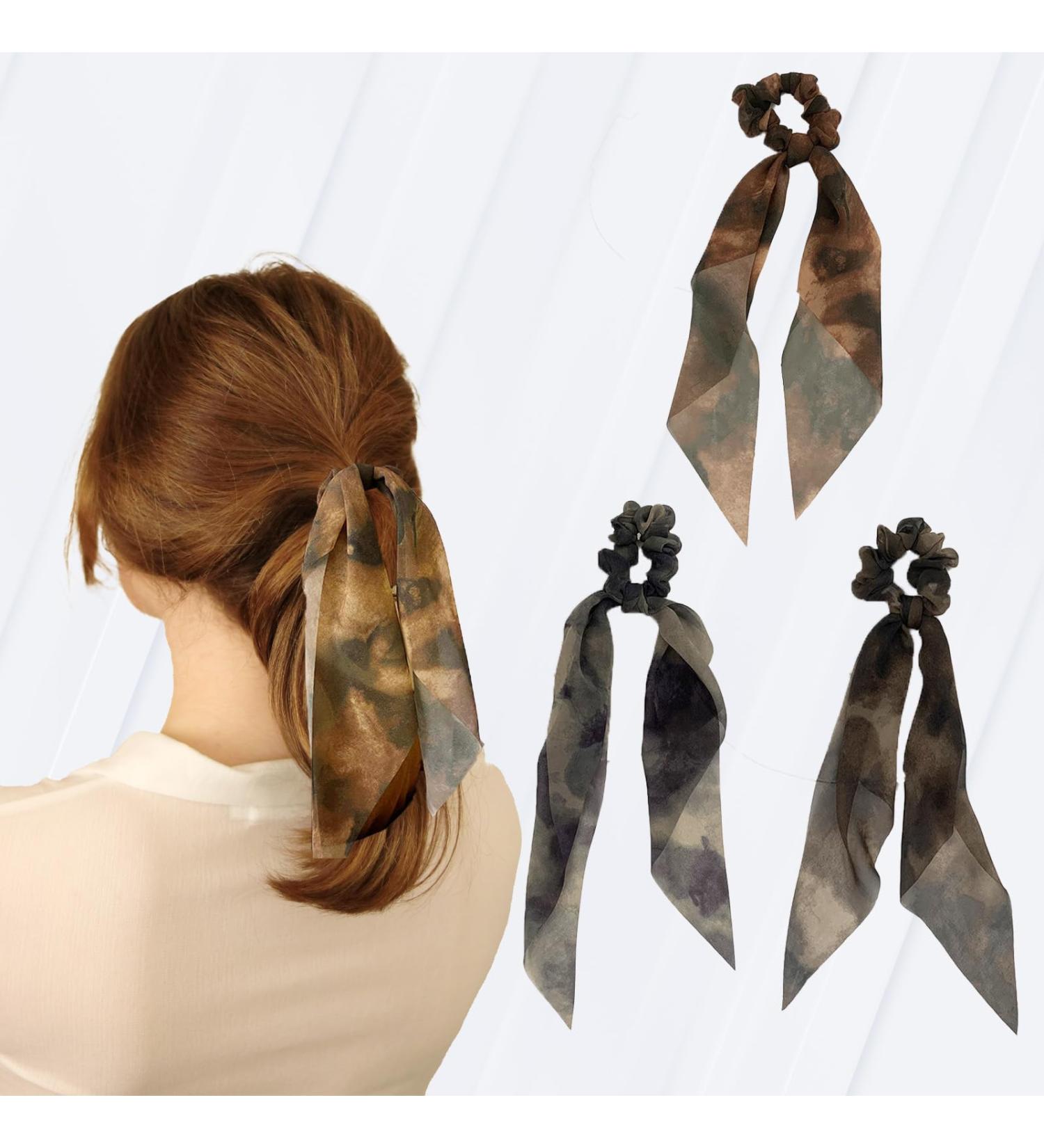 Multicolor Satin Hair Bobbles with Bow Floral Hair Band Ink style patterns - 3 Piece Hair Ties Ponytail Holders for Women and Girls - Hair Accessories with Hair Scarf Elastic Band brown - Buy Online on GoSupps.com