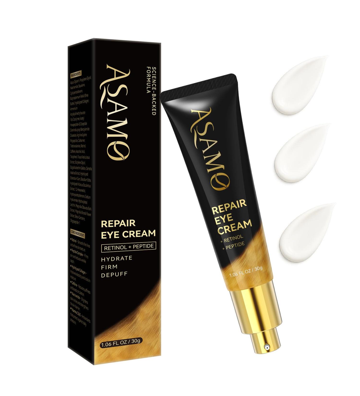 ASAMO Retinol Eye Cream Retinol and Peptides for Fine Lines Puffiness and Under-Eye Shadows Anti Aging Eye Care Daily Wrinkle Cream (Golden Black)