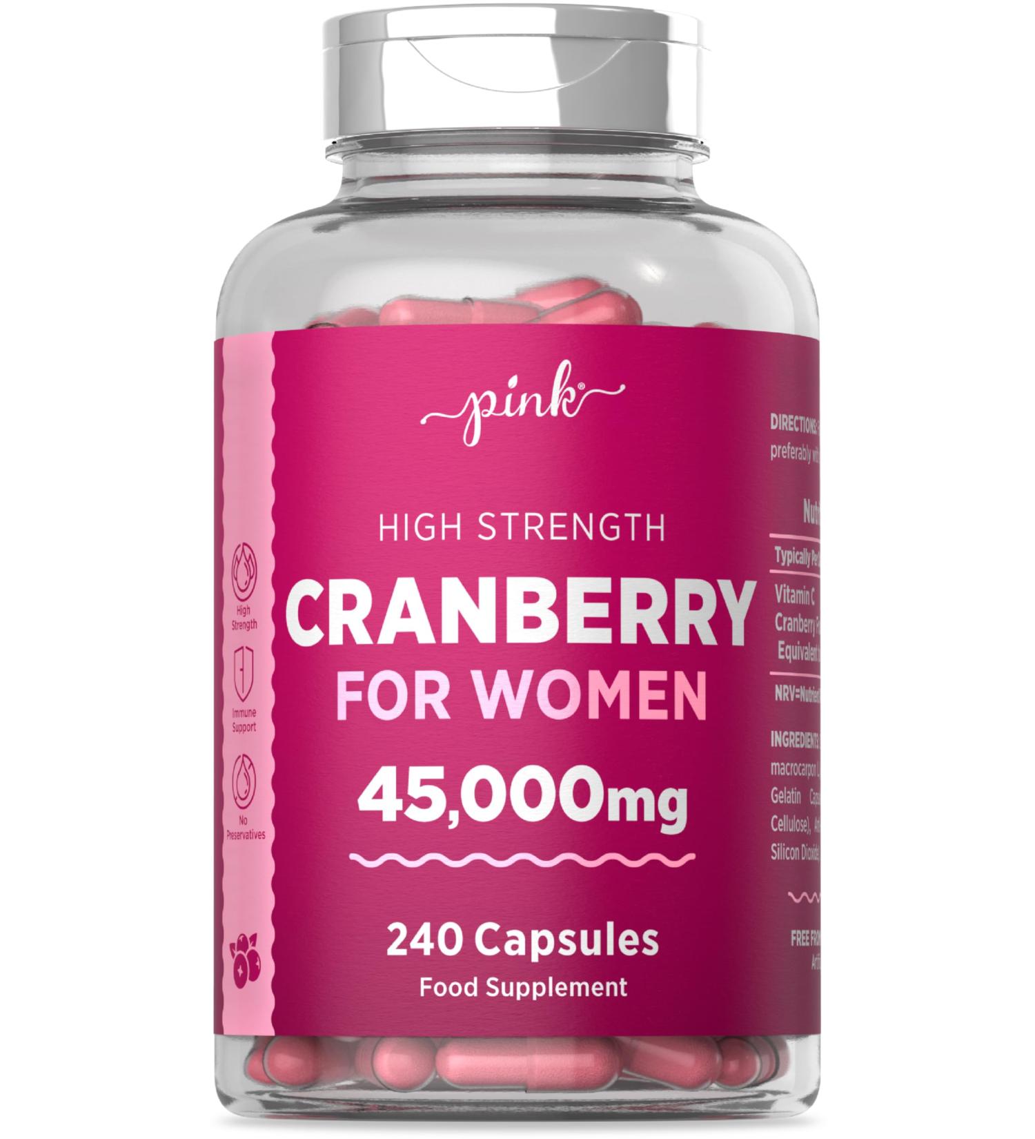 Cranberry Capsules 45000mg for Urinary Infections | 240 High Strength Capsules with Vitamin C - by Pink - Buy Online on GoSupps.com