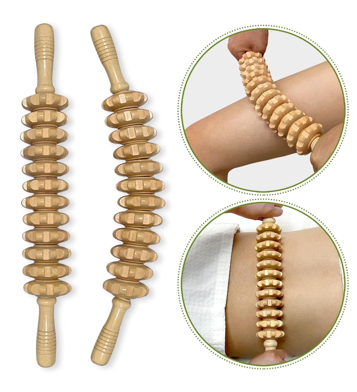 Deston 2pcs Wooden Therapy Massage Stick Set for Maderoterapia - Lymphatic Drainage, Cellulite Reduction, Muscle Release - Handheld Trigger Point Massager with 12 Rollers - Curved and Straight - Buy Online on GoSupps.com
