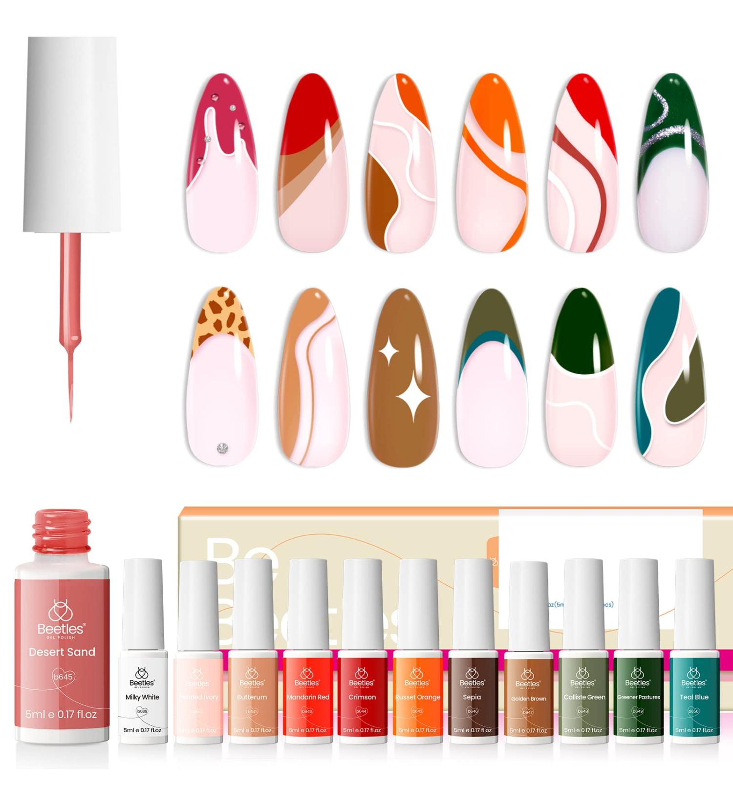 Beetles Gel Polish Halloween Nail Art Liner Set - 12Pcs White Orange Paint Brown Green Fall Colors Swirl Design with Thin Nail Art Brush - Gel Thanksgiving Gift - Buy Online on GoSupps.com
