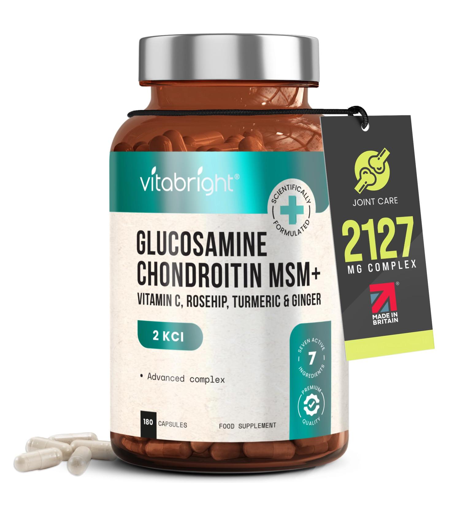 VitaBright Glucosamine and Chondroitin High Strength | 180 Capsules | 2127mg Vitamin C MSM Chondroitin & Glucosamine Sulphate Combination Supplements | Joint Care Supplements for Women & Men