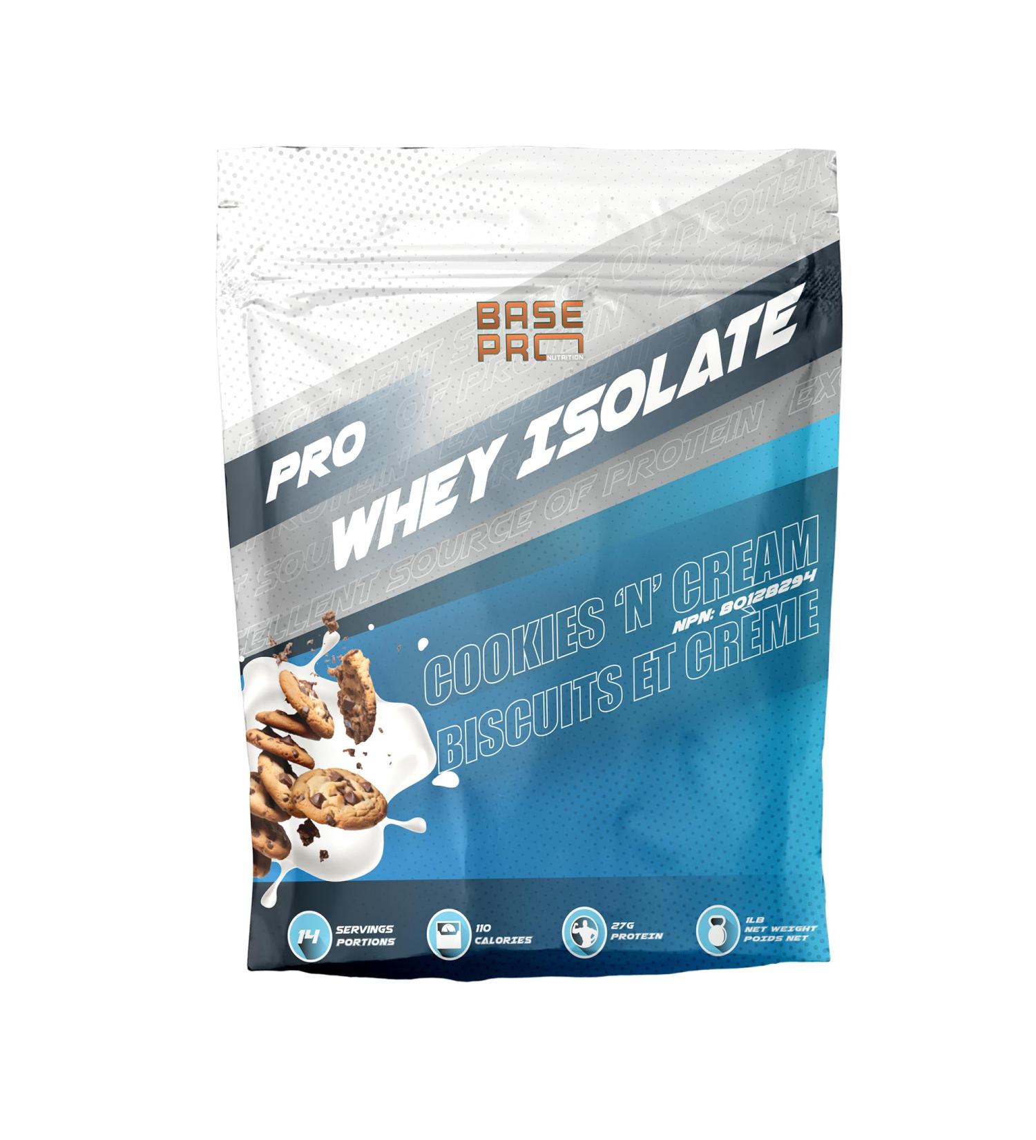 Pro Whey Isolate - Cookies 'N' Cream | Base Pro Nutrition | Whey Isolate Protein Powder 27 Grams of Protein Per Scoop 14 Servings Per Pouch | 1LB Cookies & Cream 454 g (Pack of 1) - Buy Online on GoSupps.com