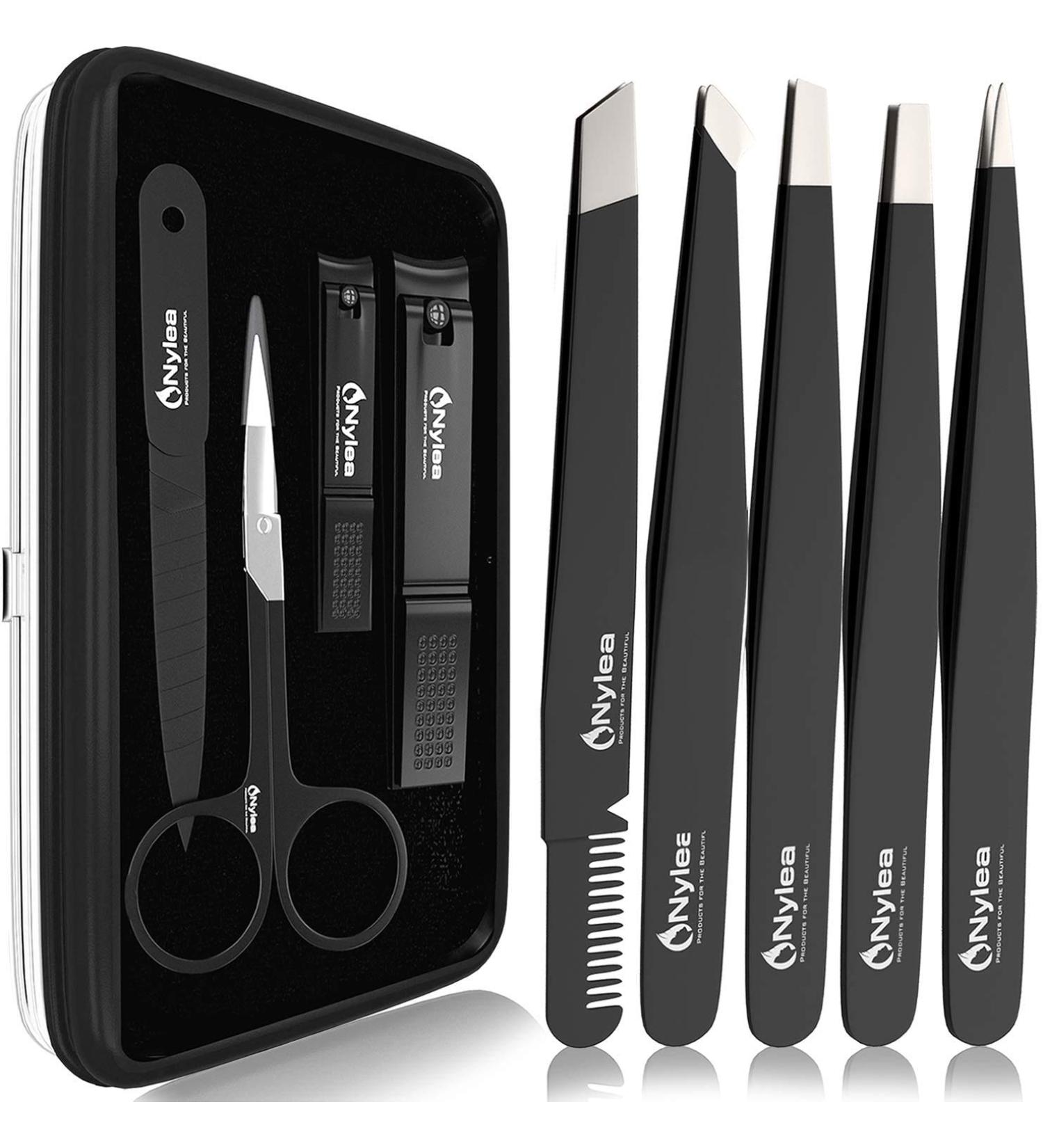 9pcs Nylea Stainless Steel Tweezers Set & Nail Clippers - Precision Slant Tip for Eyebrows, Facial Hair & Ingrown Hair - Men & Women - Buy Online on GoSupps.com