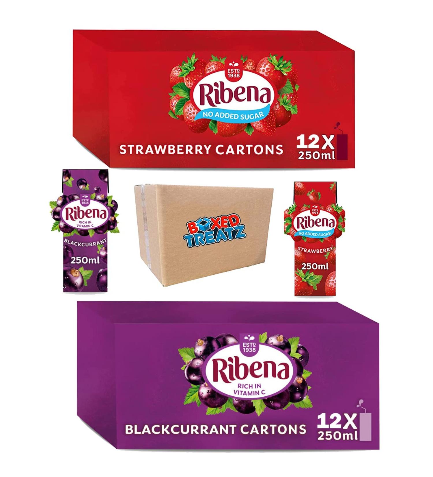 Ribena Strawberry 12x 250ml + Ribena Blackcurrant Flavour Fruit Juice 12x 250ml Ribena Bundle Real Fruit | Rich In Vitamin C | No Artificial Colours Or Flavours | Ready To Drink Bundle Boxed Treatz - Buy Online on GoSupps.com