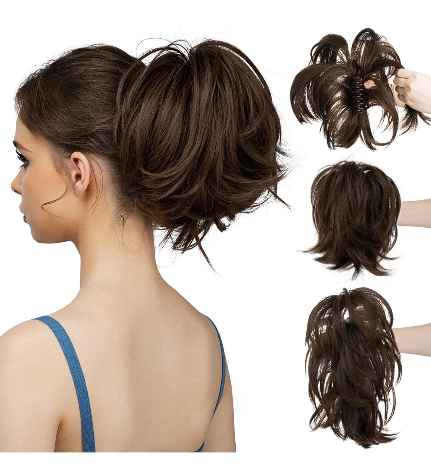 Medium Ash Brown Claw Clip Ponytail Extension - 8 inch Messy Bun Hairpiece - Buy Online on GoSupps.com