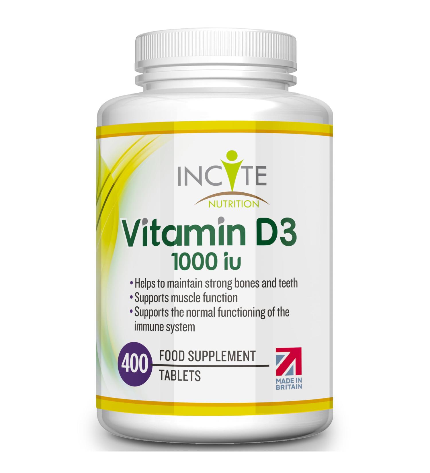 Premium Vitamin D3 1000iu Easy-Swallow Tablets - High Strength Cholecalciferol Supplement - Vegetarian - Made in UK by Incite Nutrition - Buy Online on GoSupps.com