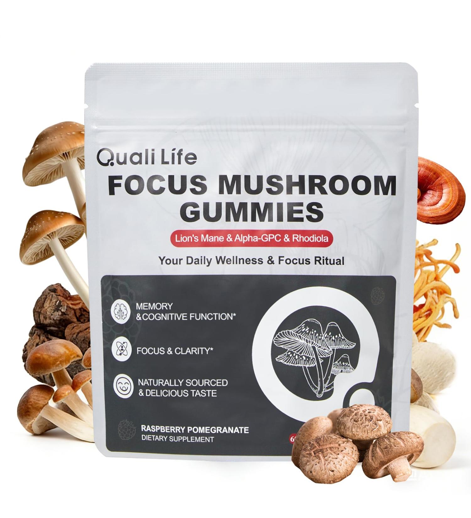 QualiLife Mushroom Gummies with Alpha-GPC & Rhodiola 12 Mushroom Complex with Lion s Mane Reishi Cordyceps Chaga & More Raspberry Pomegranate Flavor Vegan Non-GMO Pectin-Based 30 Servings - Buy Online on GoSupps.com