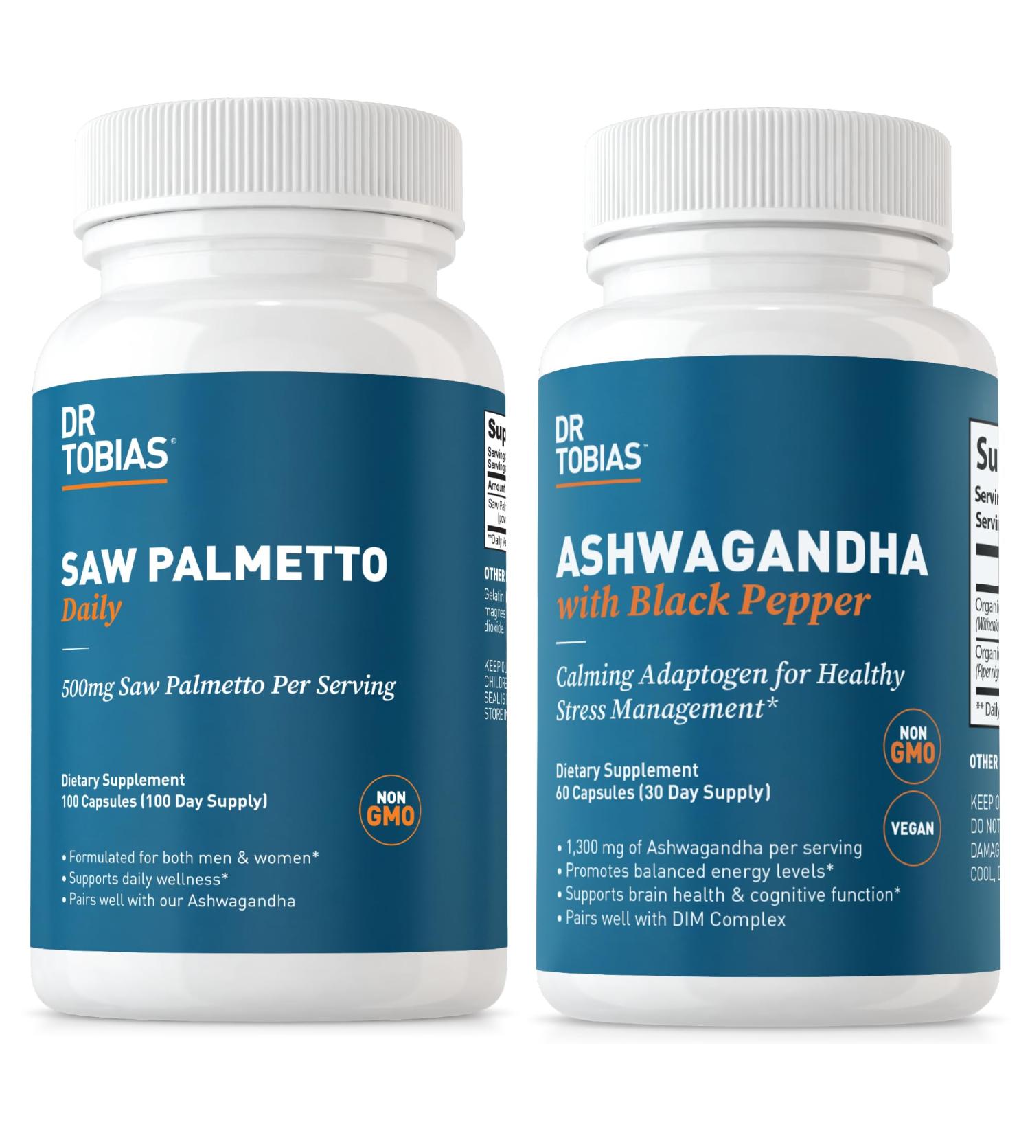 Dr. Tobias Saw Palmetto Supplement and Ashwagandha Capsules Support Hormonal Health for Women & Men Resilience & Balance Supplements Non-GMO - Buy Online on GoSupps.com
